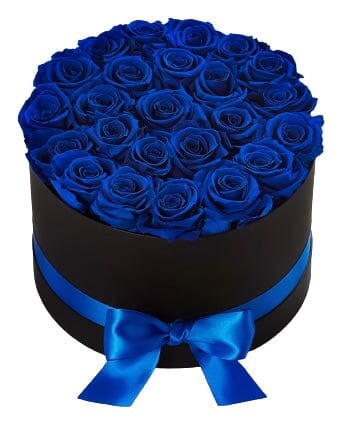 Blues in box - A bold box of deep blue roses that says “I choose you” without saying a word.  Standard 12 roses, deluxe 18 premium two dozen roses. 