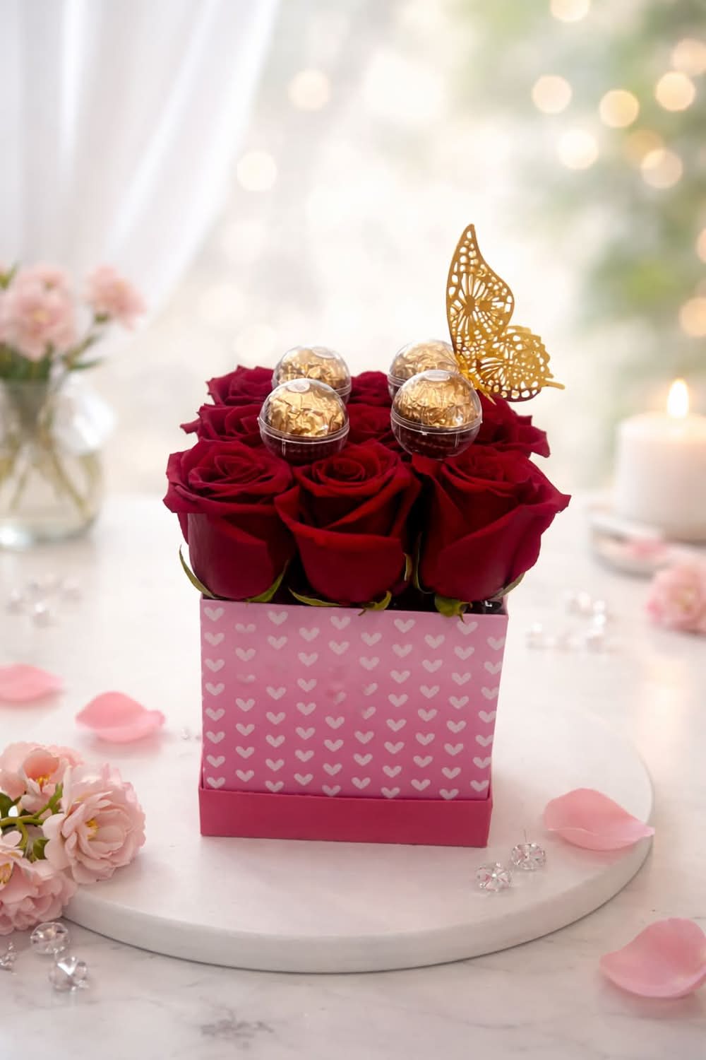 Dulce Roses VDay Edition - A delicate and sweet red rose hand-arranged with Ferrero Rocher. Box color may vary; Gold, Silver or Red.