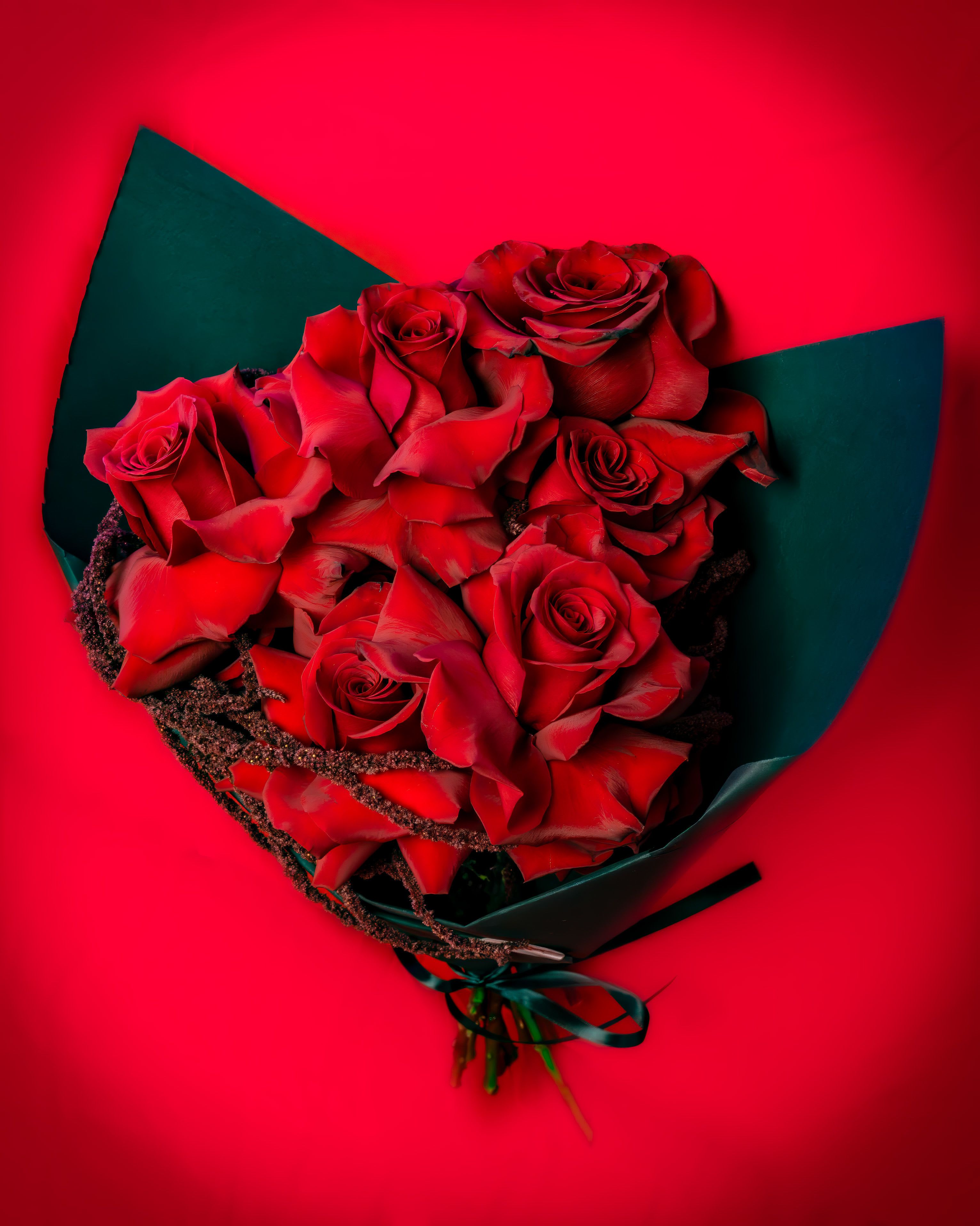 Red Roses  - 18 long stem red Roses reflexed! Wrapped and tied with a black bow. 