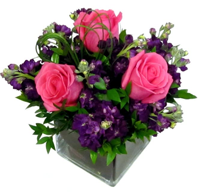 Flirting Pink Roses Cube - Premium Ecuadorian Pink Roses flirt brilliantly with clusters of Purple Stock blossoms in our exclusive design. This bouquet is accented with a heart-shaped bear grass and a tropical leaf artistically placed inside of the glass cube vase with gems. Standard size is approximately 8in (W) x 8in (H). Deluxe and Premium versions are larger and include more premium blooms along with larger glass cube vases.  Standard - 3 Pink Roses, 5 Purple Stocks and Fresh Garden Greens - 5in Cube Vase  Deluxe - 6 Pink Roses, 7 Purple Stocks and Fresh Garden Greens - 6in Cube Vase  Premium - 18 Pink Roses, 10 Purple Stocks and Fresh Garden Greens - 8in Cube Vase  Care Tips: Place your bouquet in a cool location. Don't put the arrangement in direct sunlight, near heating or cooling vents, in drafty places, directly under ceiling fans, or on top of televisions or radiators. Check water level daily, keep the vase full with clean water. Change water every 1-2 days and apply a sharp fresh cut to the stems. This process will ensure extended flower's life span.