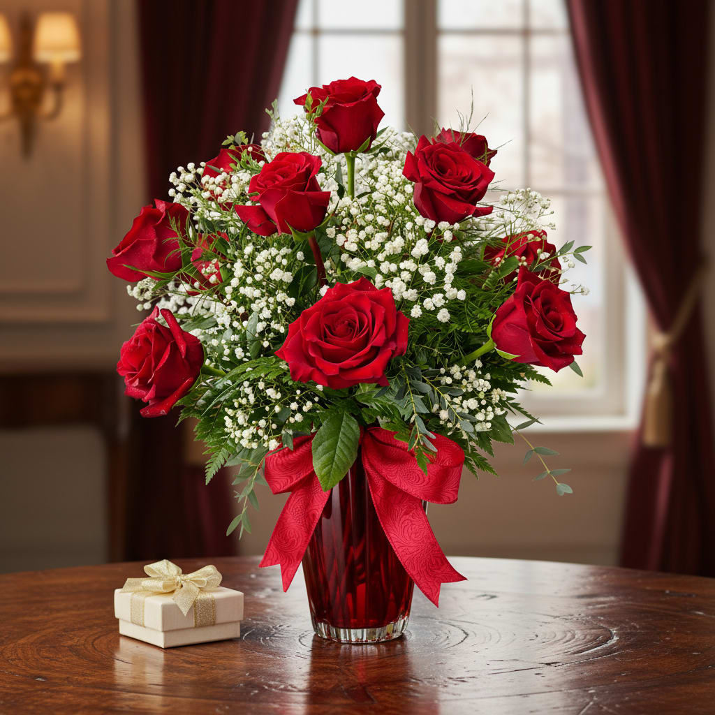 Eternal Passion - A classic and romantic arrangement of velvety red roses accented with delicate white baby’s breath, beautifully displayed in a tall fancy-red glass vase. Finished with a luxurious red ribbon, this elegant design symbolizes deep passion, lasting love, and the perfect Valentine’s gift.