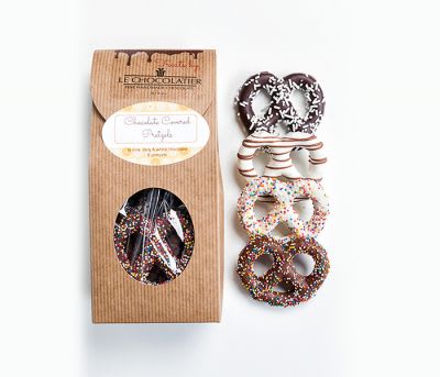 Chocolate Covered Pretzels Treat Box (DB) - 8 Chocolate covered Pretzels - 3 milk, 3 dark and 2 white chocolate couvertures. Sweet and salty, fresh and crunchy.  Handmade locally in small batches.