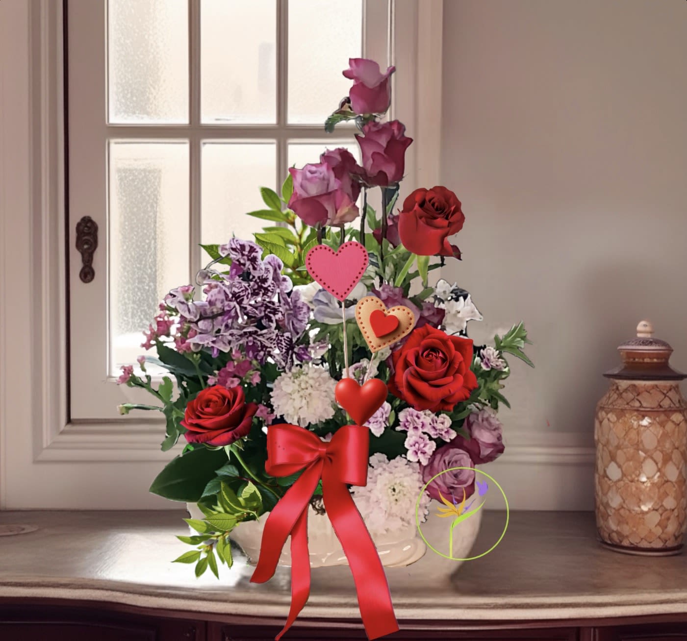 Made For You! Dual Garden. A Floral Archist™ Original. - Another addition to our ‘Made for You!’ Collection. A Dual Garden, designed from the best Mother Nature has to offer of its flora world, all in one container*. This custom design is the perfect present for Moms, Grandmas, for birthdays, new babies, you name it!  Phalaenopsis ‘Butterfly’ orchids enhanced by their ‘next door neighbors’ from the freshly cut Bloom** family.  A gift that is sure to bring smiles.  NOTE: In support of our efforts to aide in the preservation of our planet, PJf uses Fair Trade flowers, Plants, and uses Upcycled and Recycled Containers.  Definitely male appropriate!   *Container might vary **Blooms are seasonal and will be fresh mixture or standard and high end flowers, all beautifully equal.