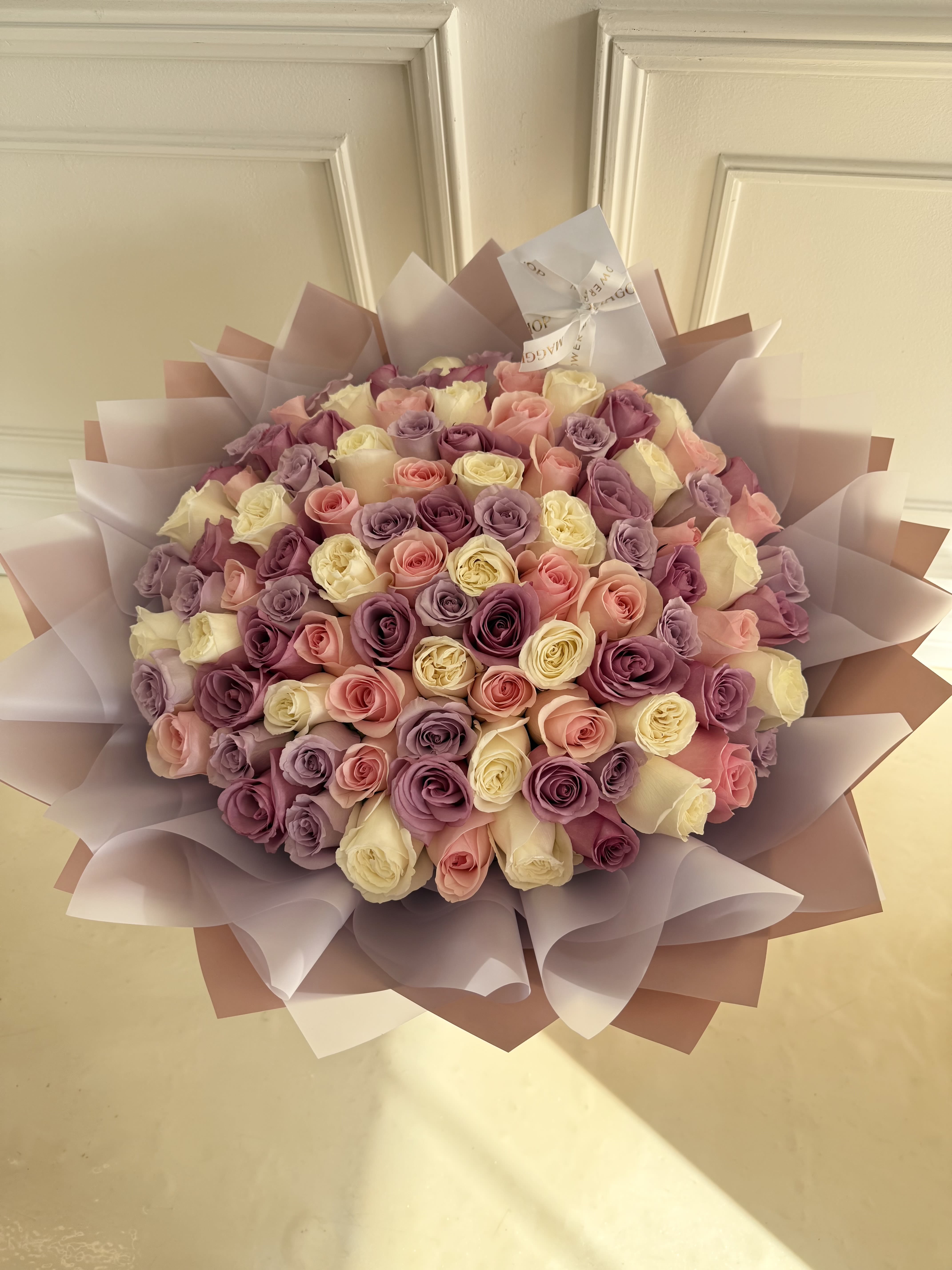 MFS 100 Rose Bouquet (Multicolored)  - 100 Premium Ecuadorian Roses  Hand-tied Bouquet Wrapped in Korean Style Paper   *This bouquet does not include a glass vase