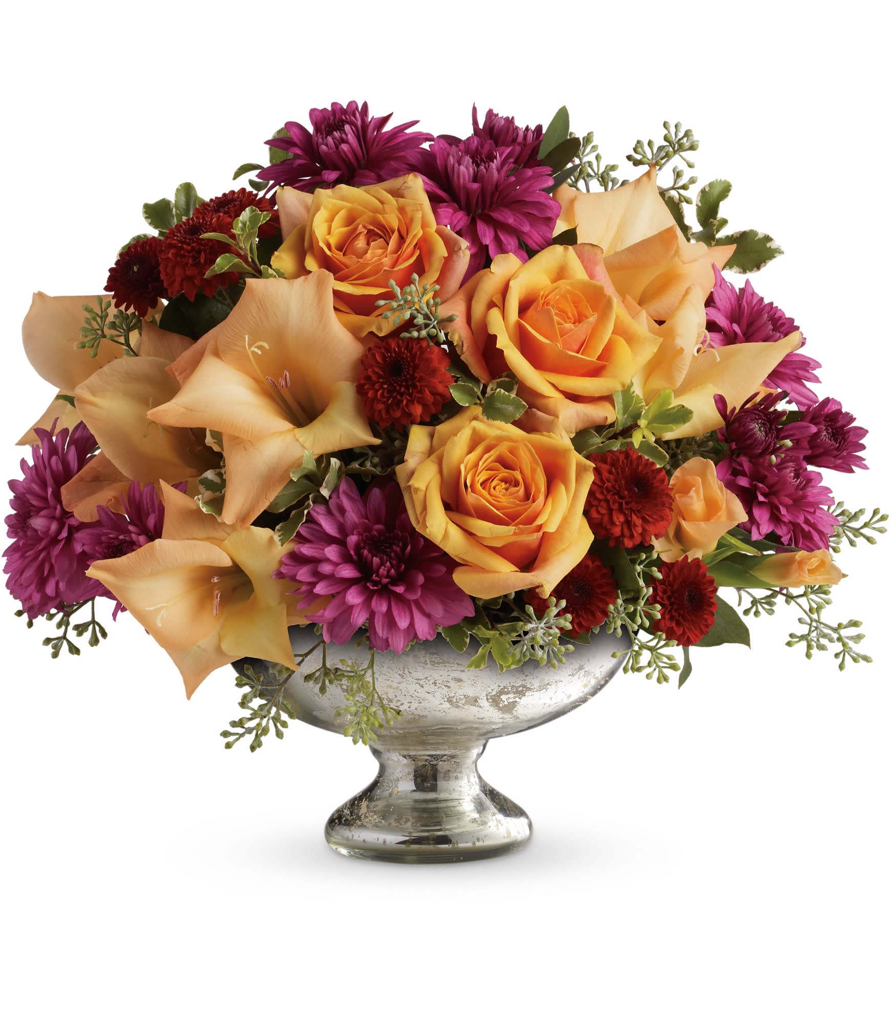 Teleflora's Elegant Traditions Centerpiece - Fall in love with this elegant arrangement. Orange roses and gladioli are arranged to perfection in our mercury glass bowl.    This exquisite bouquet includes orange roses, orange gladioli and lavender cushion spray chrysanthemums accented with assorted greens. Delivered in a Teleflora mercury glass bowl.    Approximately 14" W x 11 1/2" H    Orientation: All-Around    As Shown : TFL04-3A  Deluxe : TFL04-3B  Premium : TFL04-3C