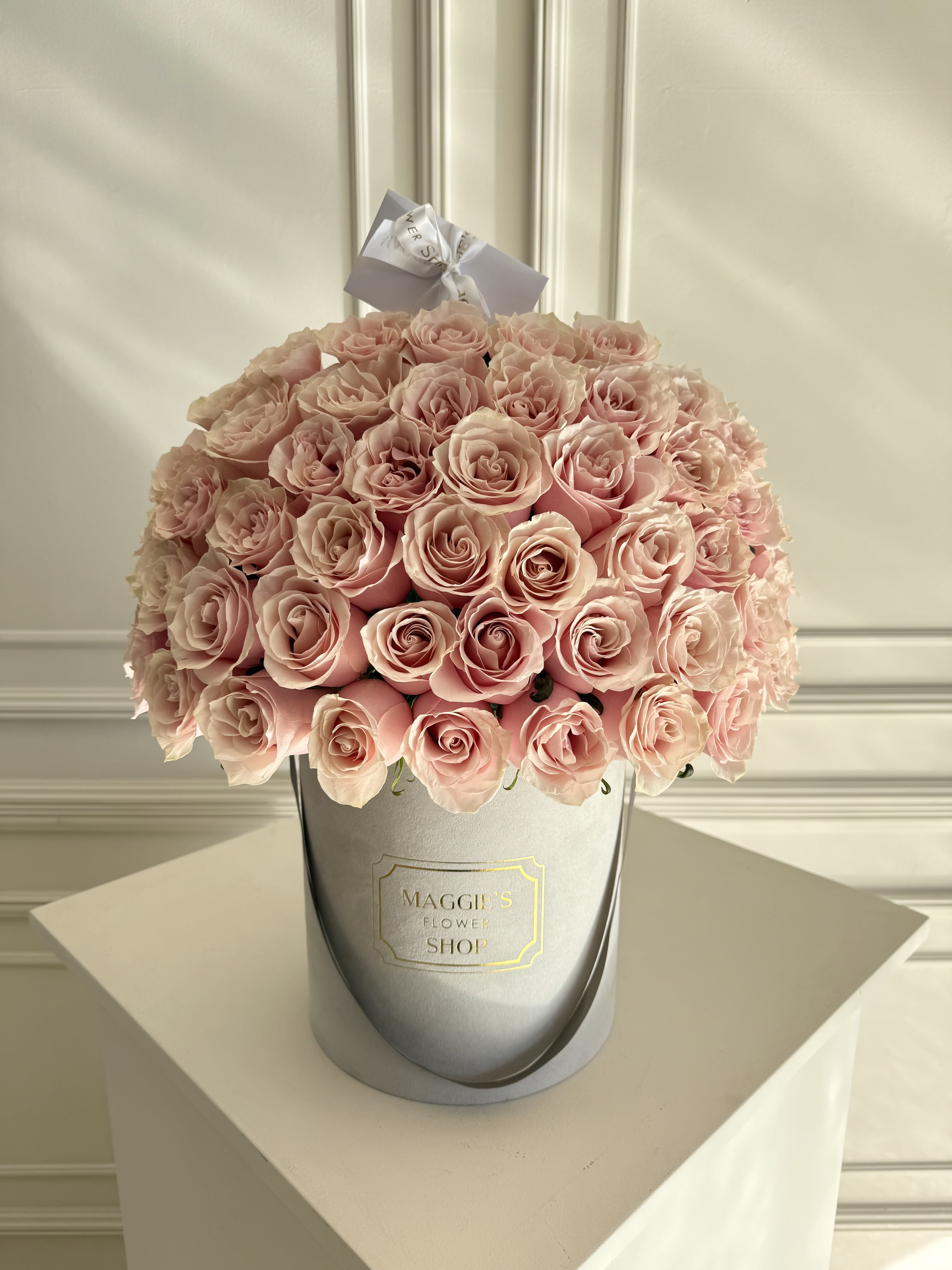 MFS 50 Rose Box (Mondial Pink)  - MFS 50 Pink Rose Box  Signature Luxury Suede Box    *Our signature beige suede box is currently out of stock   Black suede box and grey suede boxes are available. Under florist instructions (during the checkout process) let us know which color box you would prefer. 