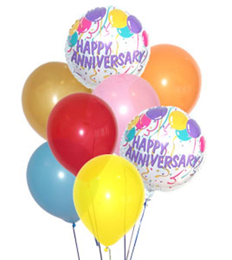 Anniversary Balloon Bouquet - When you want your gift to make a big impression give them this fun Balloon Bouquet. The bouquet arrives with 2 mylar balloons surrounded by 6 latex balloons and tied together with a ribbon. The anniversary mylar balloon designs will vary.