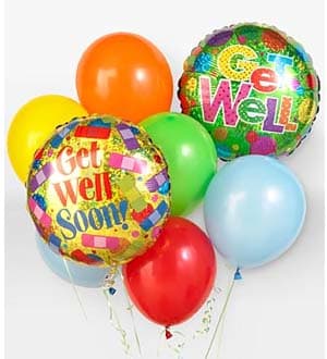 Get Well Balloon Bouquet - When you want your gift to make a big impression, give them this fun Balloon Bouquet. The bouquet arrives with 2 mylar balloons surrounded by 6 latex balloons and tied together with a ribbon. The get well mylar balloon designs will vary.