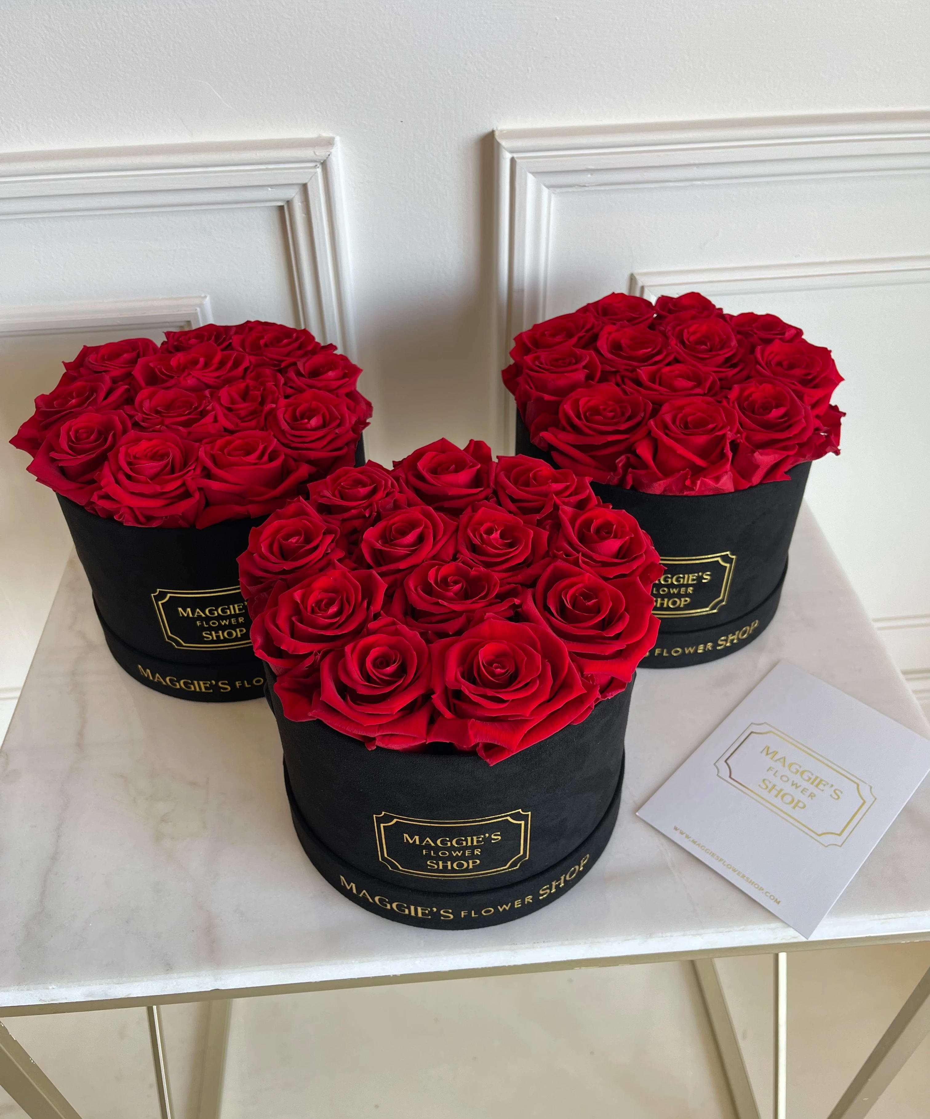 MFS Eternity Roses (Black Suede) Mini Box - MFS Eternity Roses   Real roses that can last up to 3 years.   Black Suede Signature box   Mini box has approx 12 roses