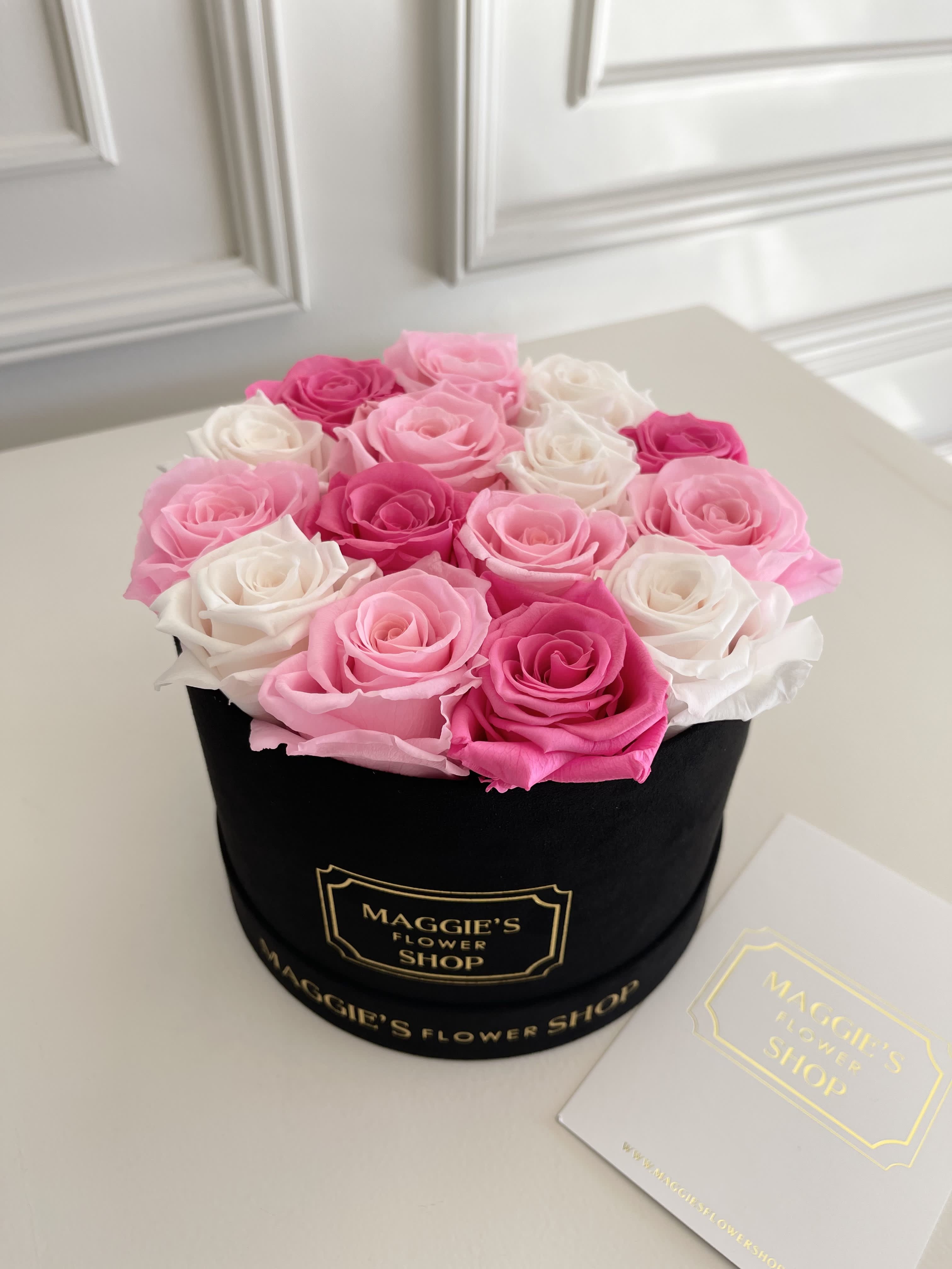 MFS Eternity Roses (Pinks) Mini Box - MFS Eternity Roses   Real roses that can last up to 3 years.   Signature box   Mini box has approx 12 roses