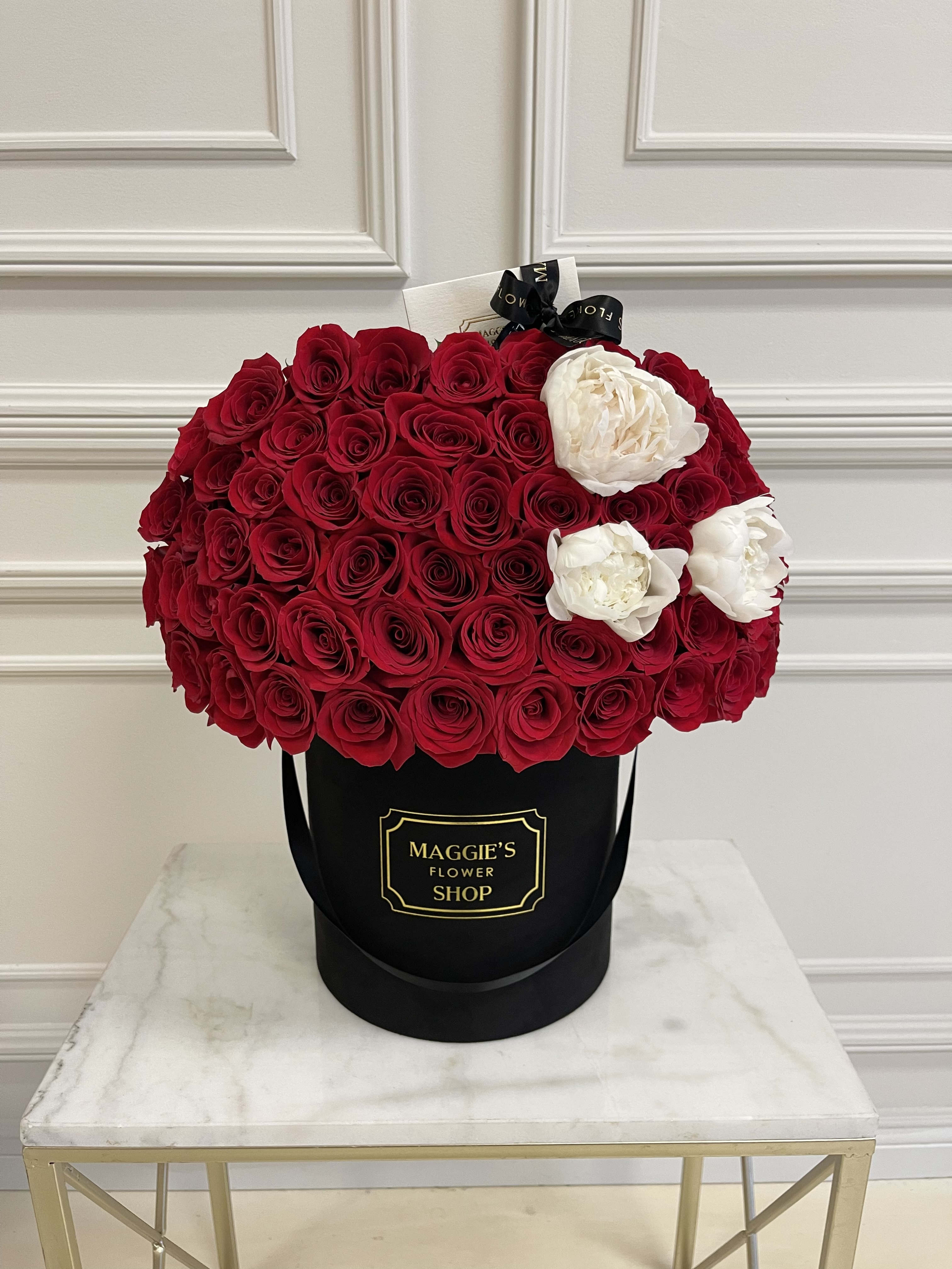 MFS Red Roses x Peonies  - Signature rose box with peonies.  Black suede box. 