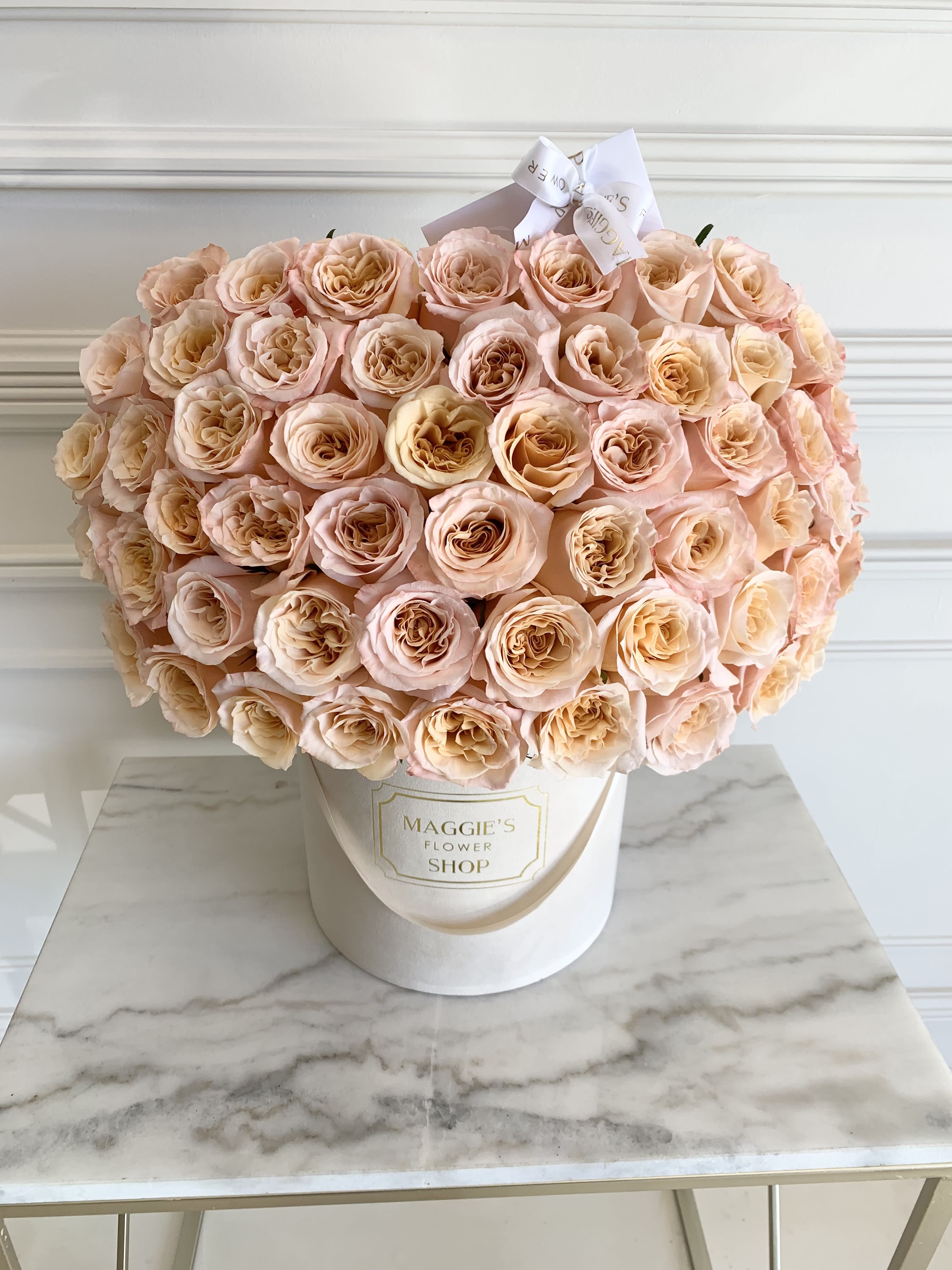 MFS Shimmer Rose Box  - Signature Luxury Suede Box   50 Shimmer Peach Roses 