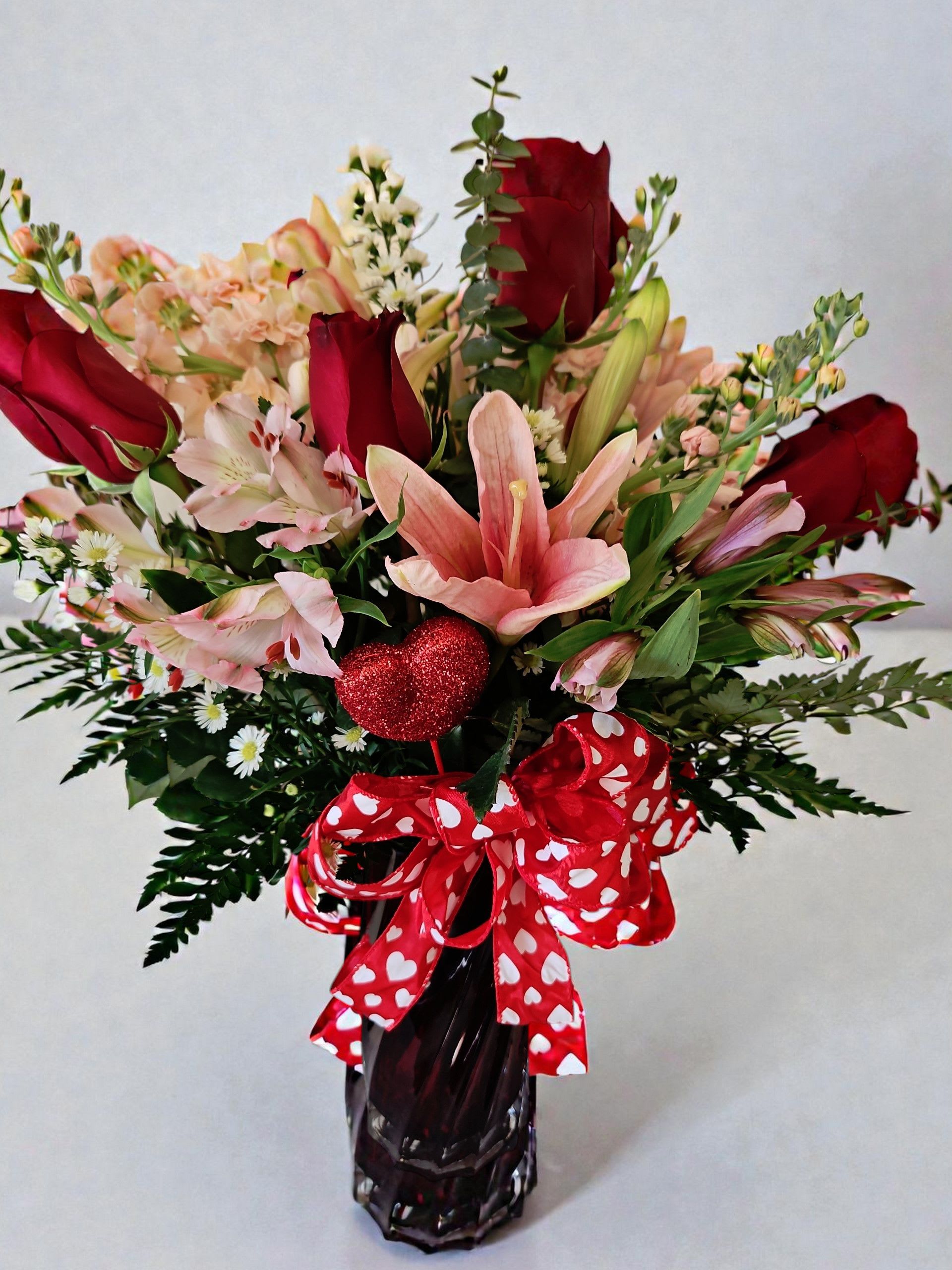 Rose &amp; Lily Love - Red roses, pink lilys, stock - fragrant in sturdy, red glass vase 