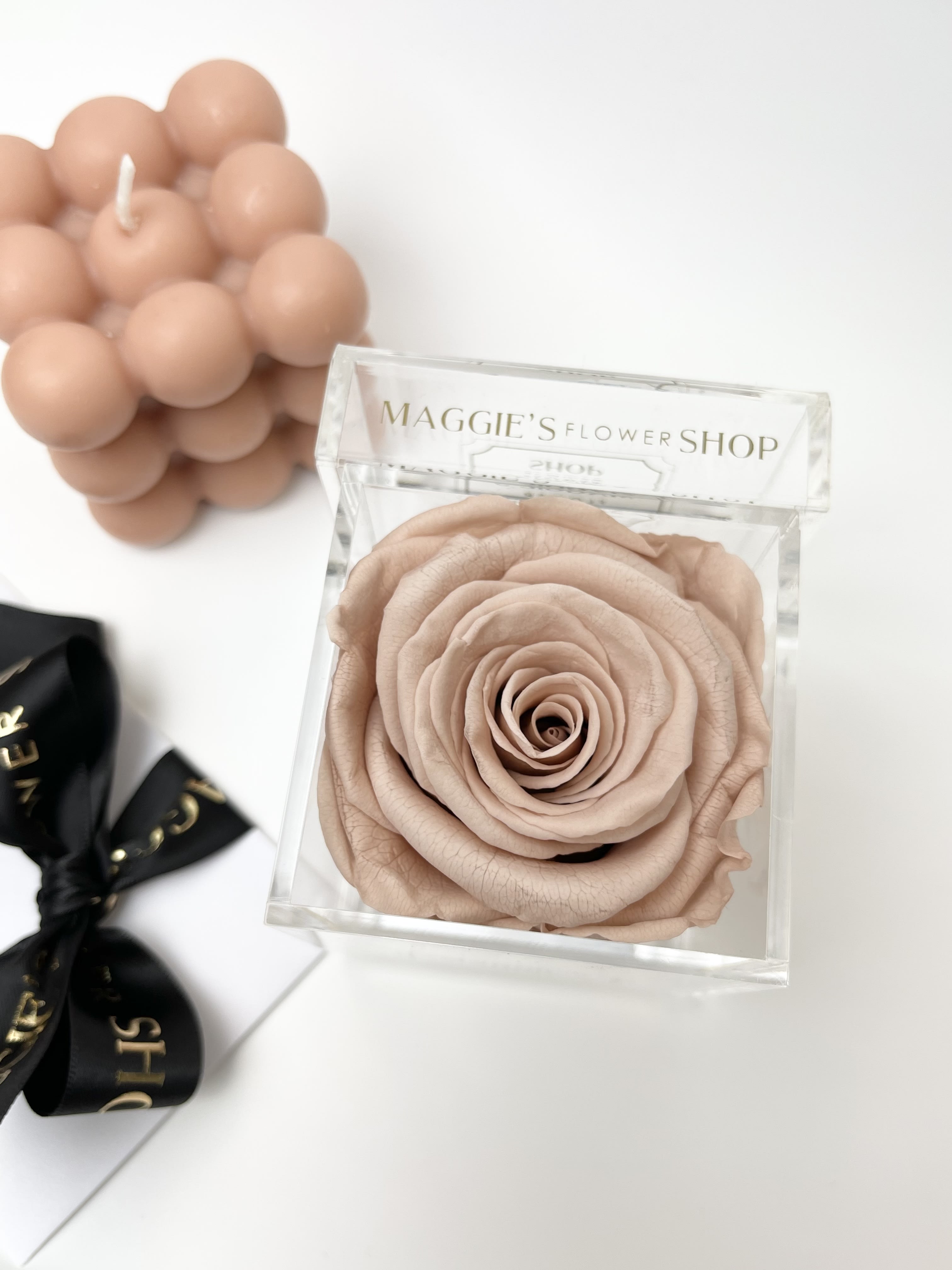 Nude Latte Eternity Rose in Acrylic Box - MFS Scented Eternity Rose new Nude Latte color in luxury acrylic box.   All of our roses are premium roses imported from Ecuador. Our Eternity roses can last up to 3 years.