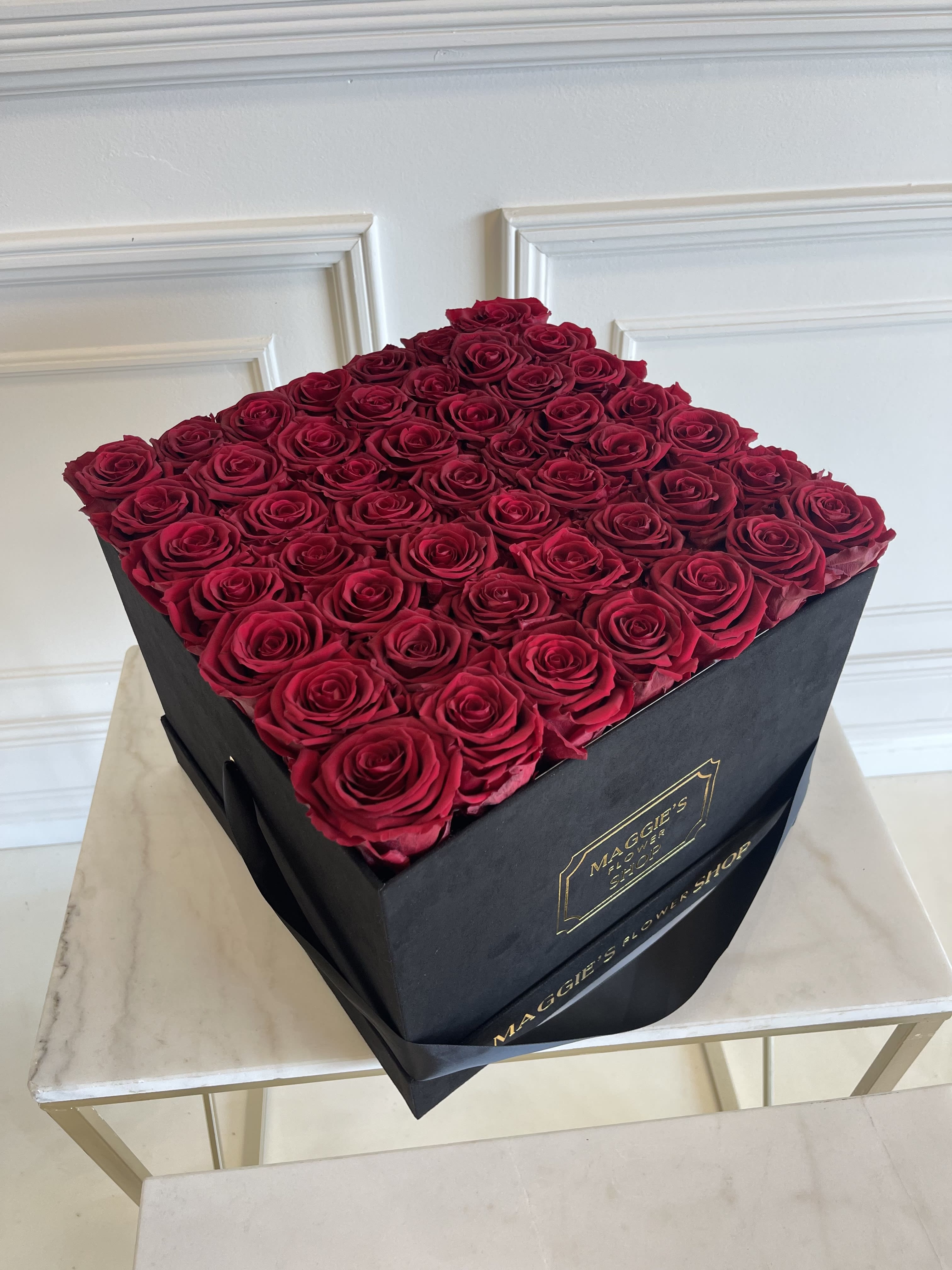 MFS Large Square Eternity Roses (Burgundy) - MFS Eternity Roses  Signature Large Square Box  Approx 49 Eternity Roses   *Eternity roses are real roses that have been preserved to last up to 3 years. No water necessary.