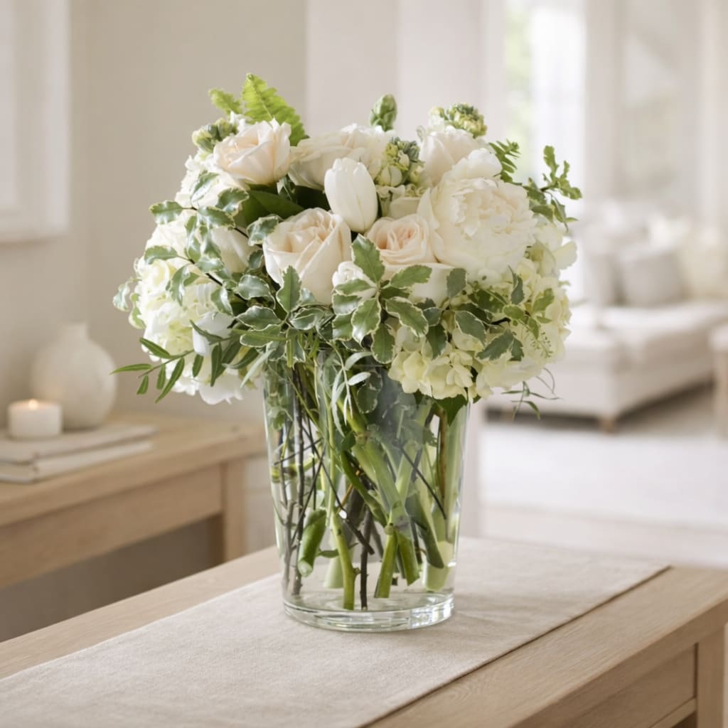 A Glowing Elegance  - A Glowing Elegance – White Roses, Tulips, Hydrangeas &amp; Lisianthus in a Clear Vase Elevate any space with A Glowing Elegance, a luxurious floral arrangement in a crystal-clear vase. This captivating bouquet showcases pristine white roses, fragrant tulips, lush hydrangeas, and delicate lisianthus, artfully accented with fresh, vibrant greenery. Perfect for weddings, anniversaries, or special celebrations, this timeless arrangement exudes sophistication and grace, leaving a lasting impression on anyone who receives it.