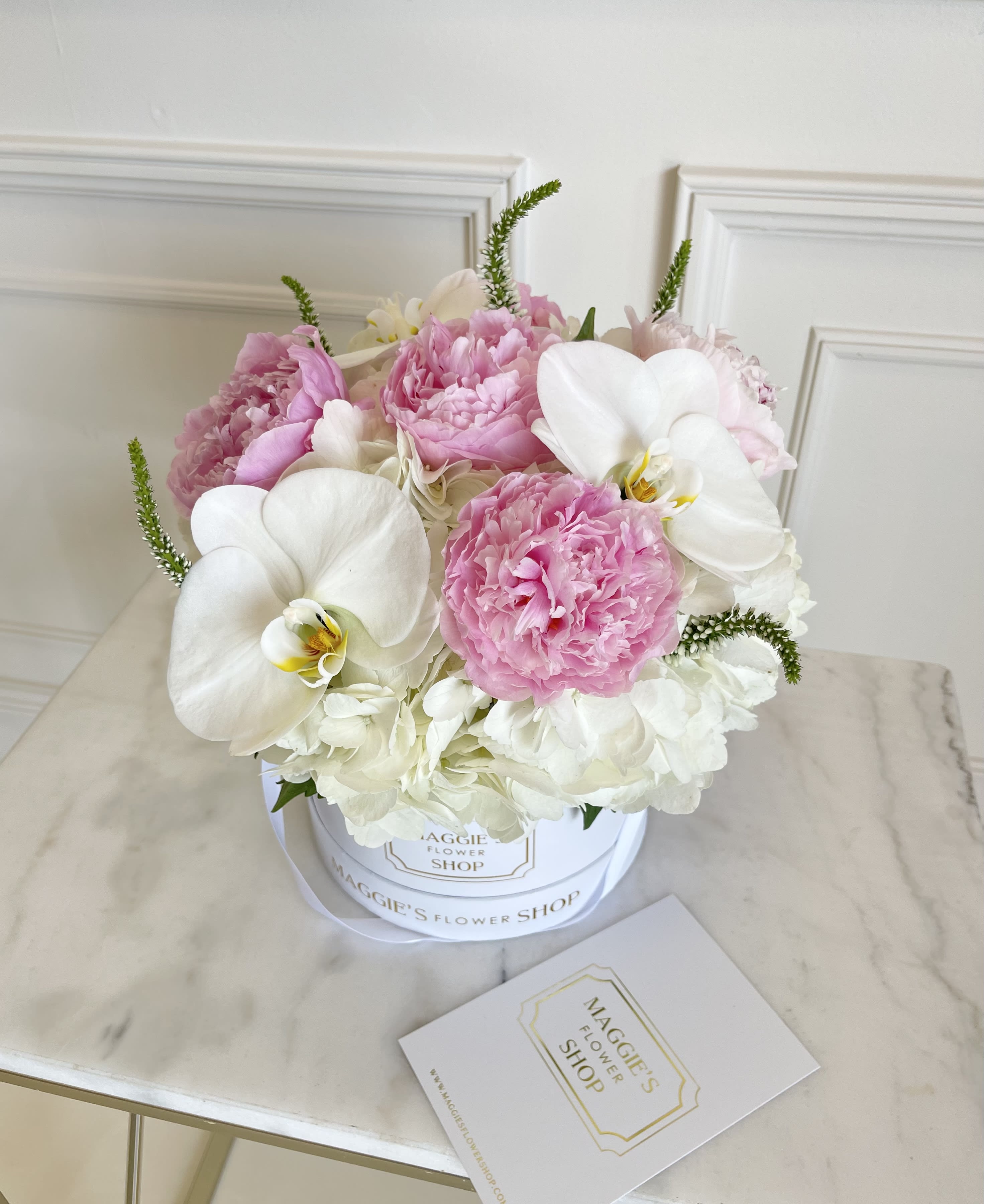MFS MINI PEONY BOX  - Mini Signature Box   Peonies  Hydrangeas Orchids   *MFS Mini Box is our smallest signature box available  Arrangement measures approx 11” Dia. x 11” H   