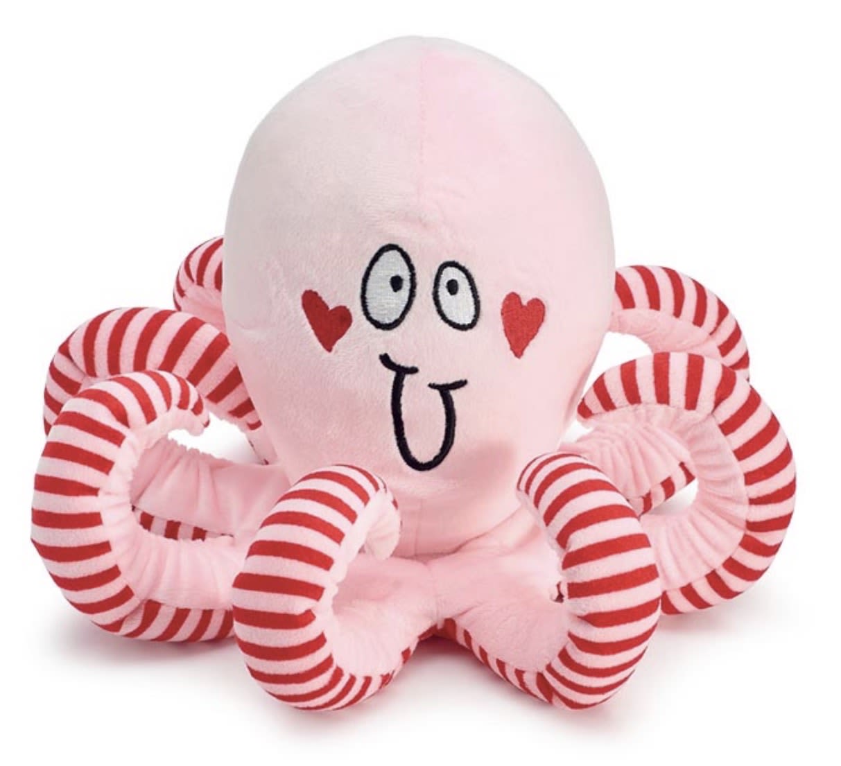 Inky Valentine - Plush pink Valentine octopus with red hearts on its cheek. Has curled legs with red and light pink stripes.   8.5"H X 10"W X 10"D