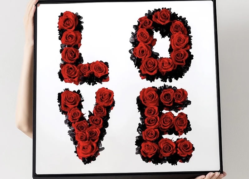 L O V E BOX - Large mirrored luxury box with the word love spelled out in roses 