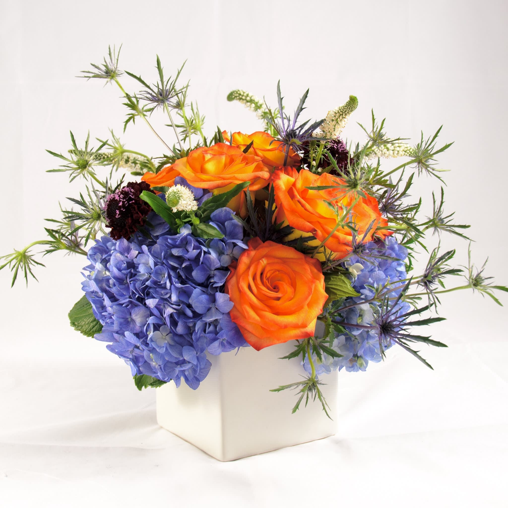 Charlotte - A bright and colorful low-compact arrangement for any special events, parties, birthdays, newborns filled with joy and happiness. Comprised of large blue hydrangeas, shaded orange roses, purple scabiosa, veronica and tiny flowering thistle. (Approx. size 10"w x 10"h x 10"d)