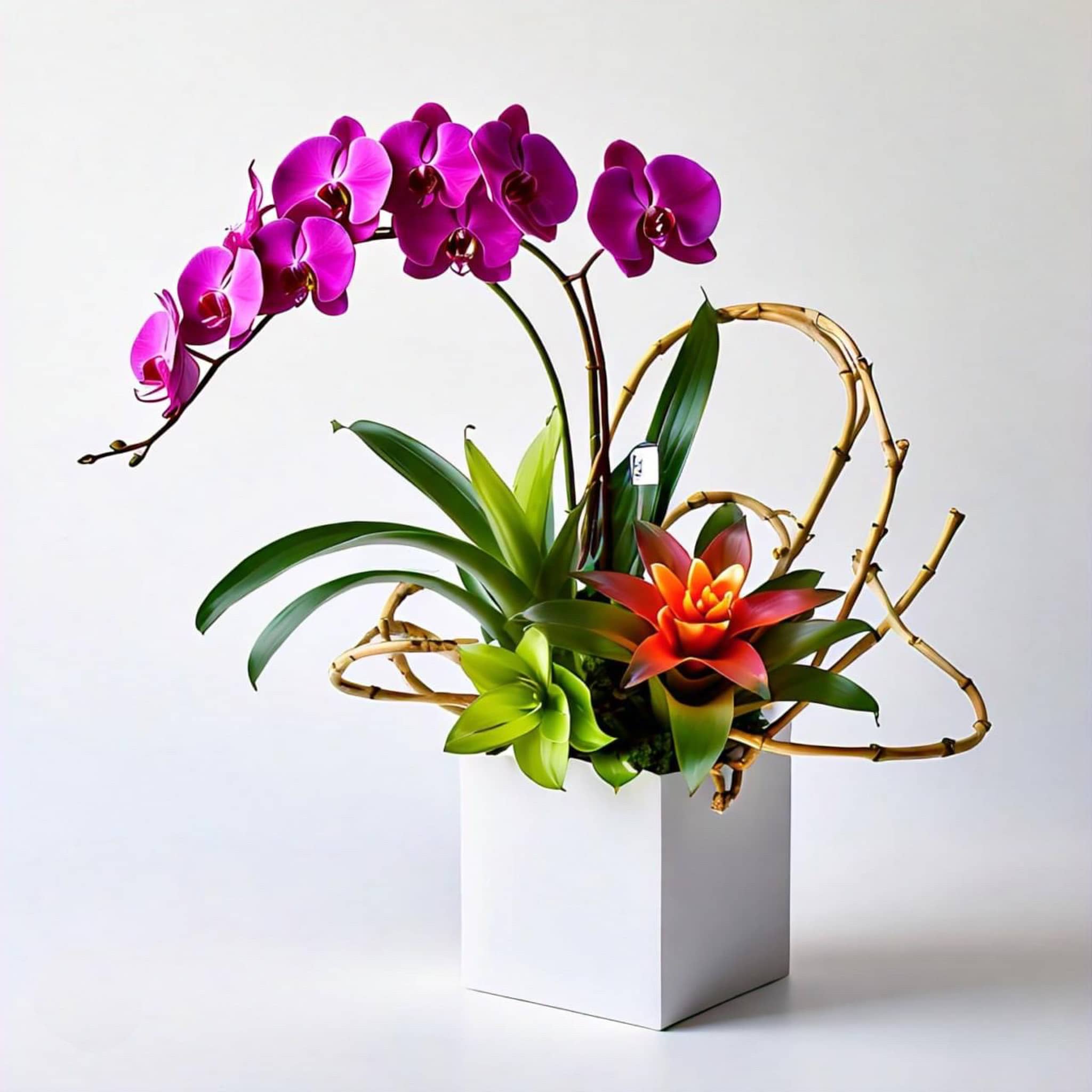 Orchid &amp; Bromeliad Combo  - A unique design with a double stemmed orchid, a bromeliad and a unique twist of curly willow, in a modern white square ceramic container. 