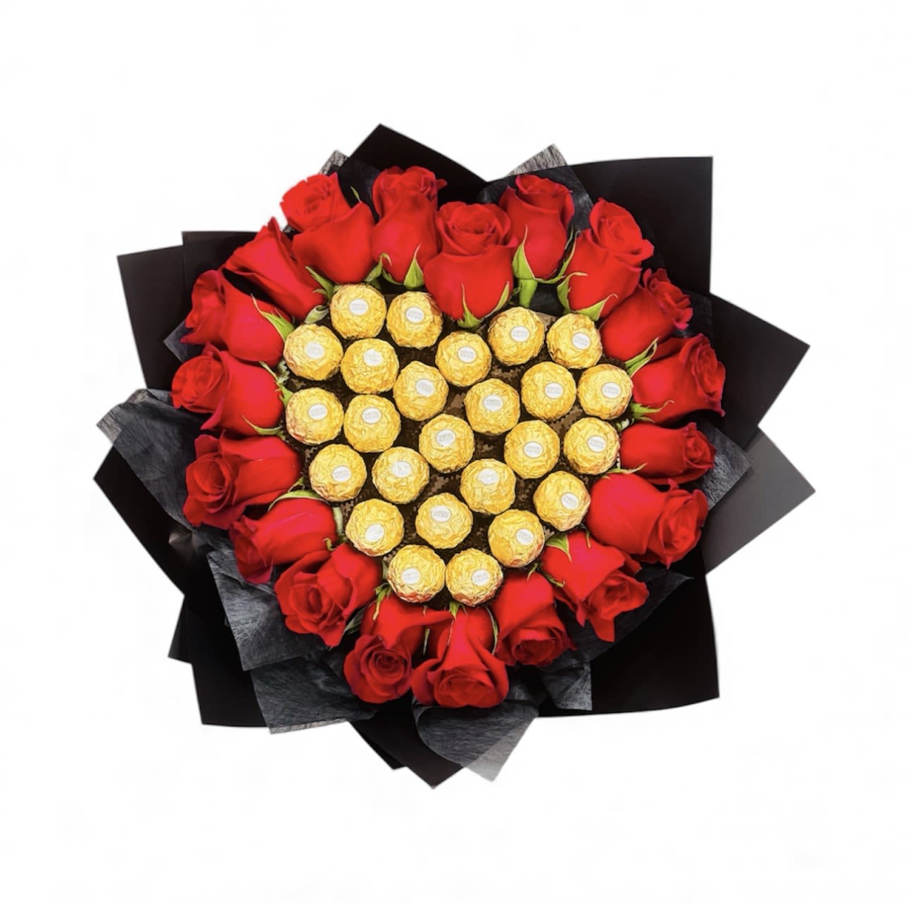 Sweet and Red - A stunning arrangement of premium red roses paired with indulgent Ferrero Rocher chocolates — the perfect gift to express love, passion, and appreciation. Elegant black wrapping adds a touch of sophistication, making it ideal for anniversaries, birthdays, or romantic surprises.