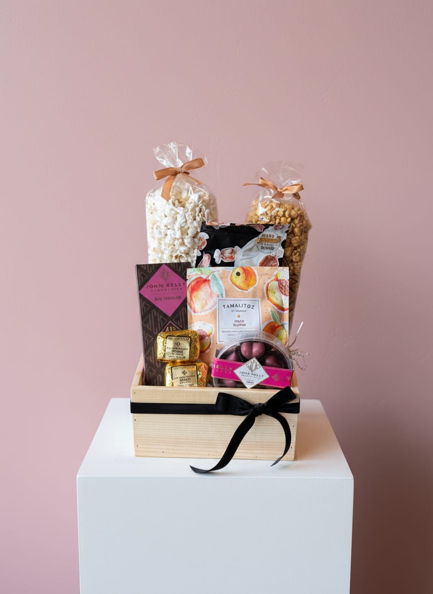 Gourmet Snack Attack  - A wonderful pairing with flowers to delight all their senses.  Add this gift box of gourmet treats (all tested and highly approved by our staff) to a romantic gift,  or a surprise for those who need a little extra pick me up.   Chocolates, popcorn, hard candies, caramel  and fudge all in a wood gift box