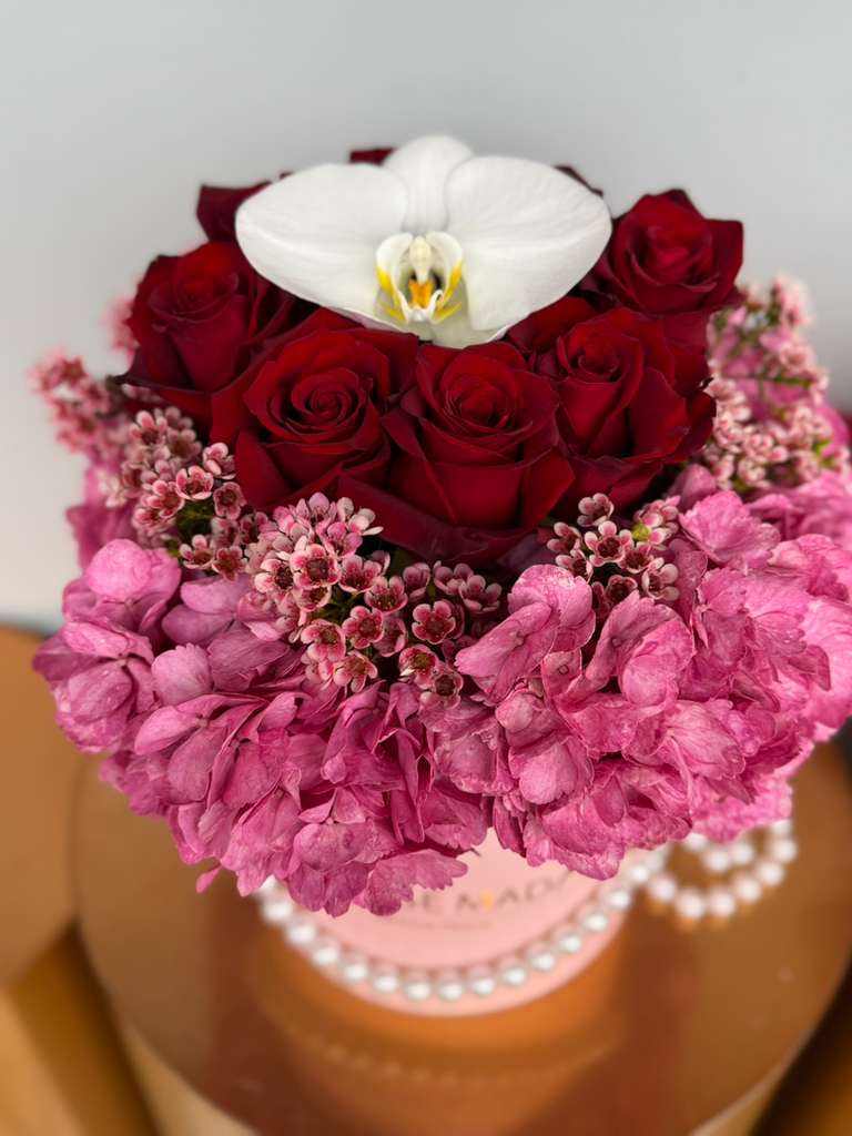 Perfectly Chosen  - Elegant roses, lush hydrangeas and the perfect single orchid arranged in pink velvet box with pearls. 