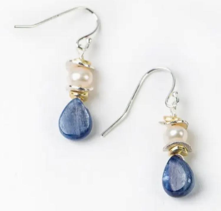 Kyanite Dangle Earrings - Elegant pearls with rich blue kyanite   * Sterling silver   * Freshwater pearl, kyanite   * Approx 1.5" length   *Handcrafted in the USA 