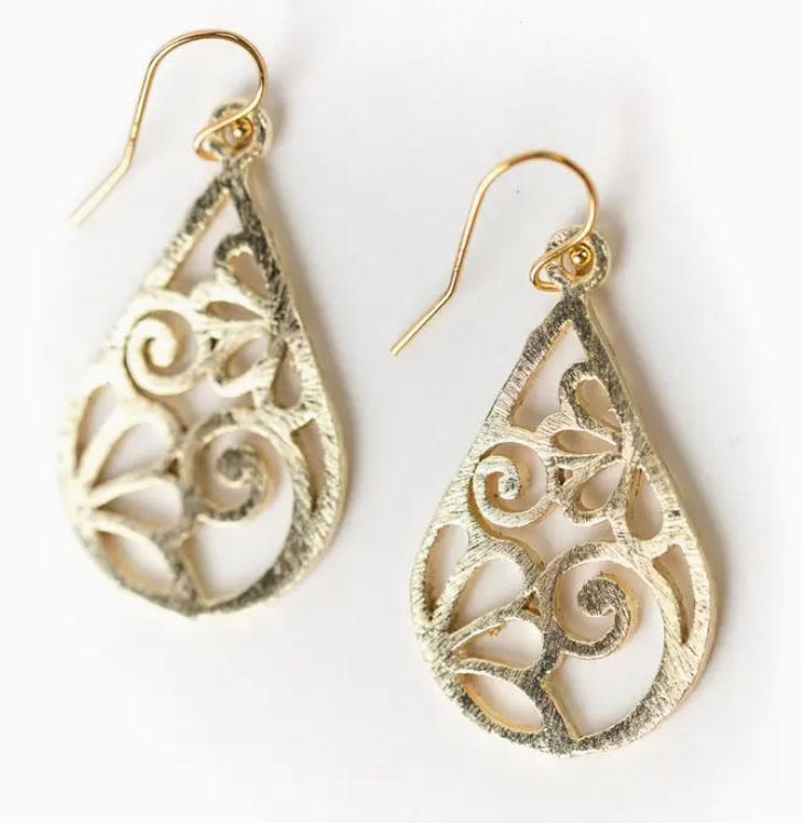 Floral Swirl Earrings - Created with brushed gold plated brass dangling from gold filled ear wires.     * Matte Gold Plated Brass (nickel and lead-safe)   * 1.5", with matte gold plated brass ear wires   * We hand select our natural materials, thus there may be slight variations in color and/or size that will not detract from the overall aesthetic   * Handcrafted in the USA 