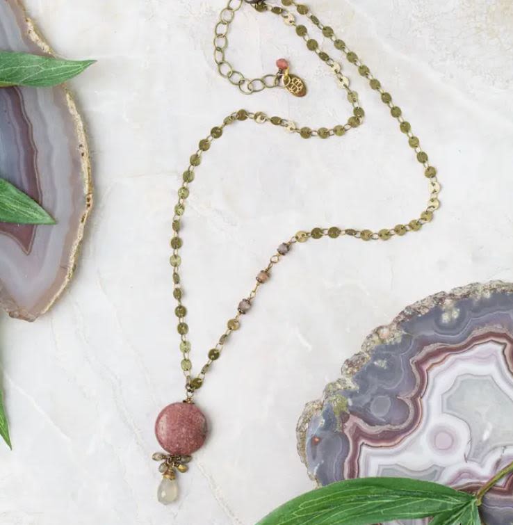 Mauve Crystal, Chalcedony, Czech Glass Necklace -  * Antique Brass (lead and nickel free)   * Crystal, Chalcedony, Czech Glass  * 15-17", adjustable with an antique brass lobster claw clasp  * Handcrafted in the USA 