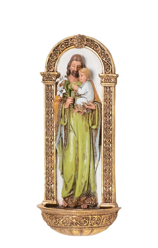 RELIGIOUS GIFTS- BAPTISM- 7.25 St. Joseph Holy Water Font - Theme RENAISSANCE COLLECTION Division JOSEPH’S STUDIO ROMAN Materials RESIN/STONE MIX Dimension 7.75" high x 2.68" wide x 1.57" deep