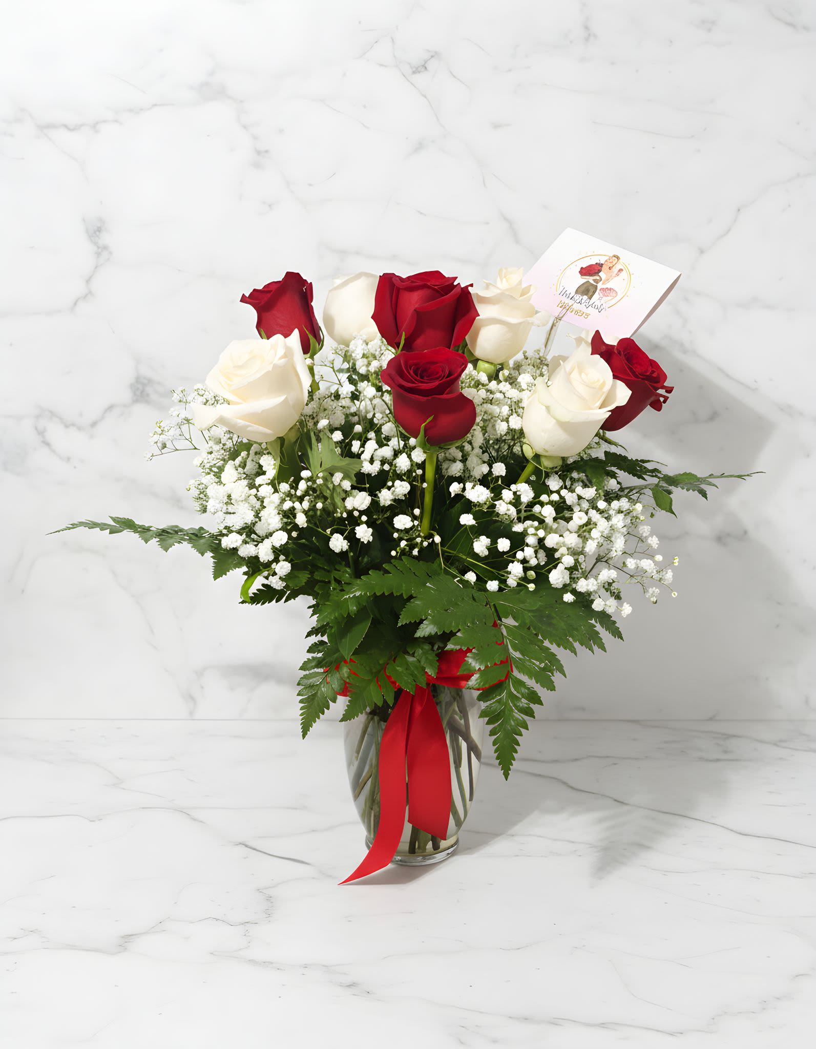 12 Red &amp; White Rose In Glass Vase - red and white 12 roses