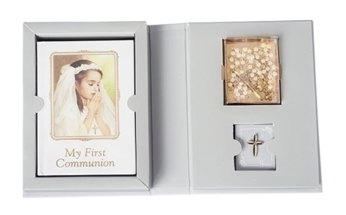 RELIGIOUS GIFTS- FIRST HOLY COMMUNION- 4PC Girl Communion Folder Set - Grey w/Book, Rosary, Pin