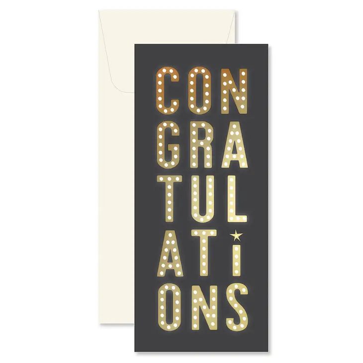 Greeting Card - Congrats Marquee   - About this product  With gold foil. Full - color #10 folded greeting card. Blank interior. Ivory #10 envelope included. Our greeting cards come individually packaged in an enclosed plastic sleeve.
