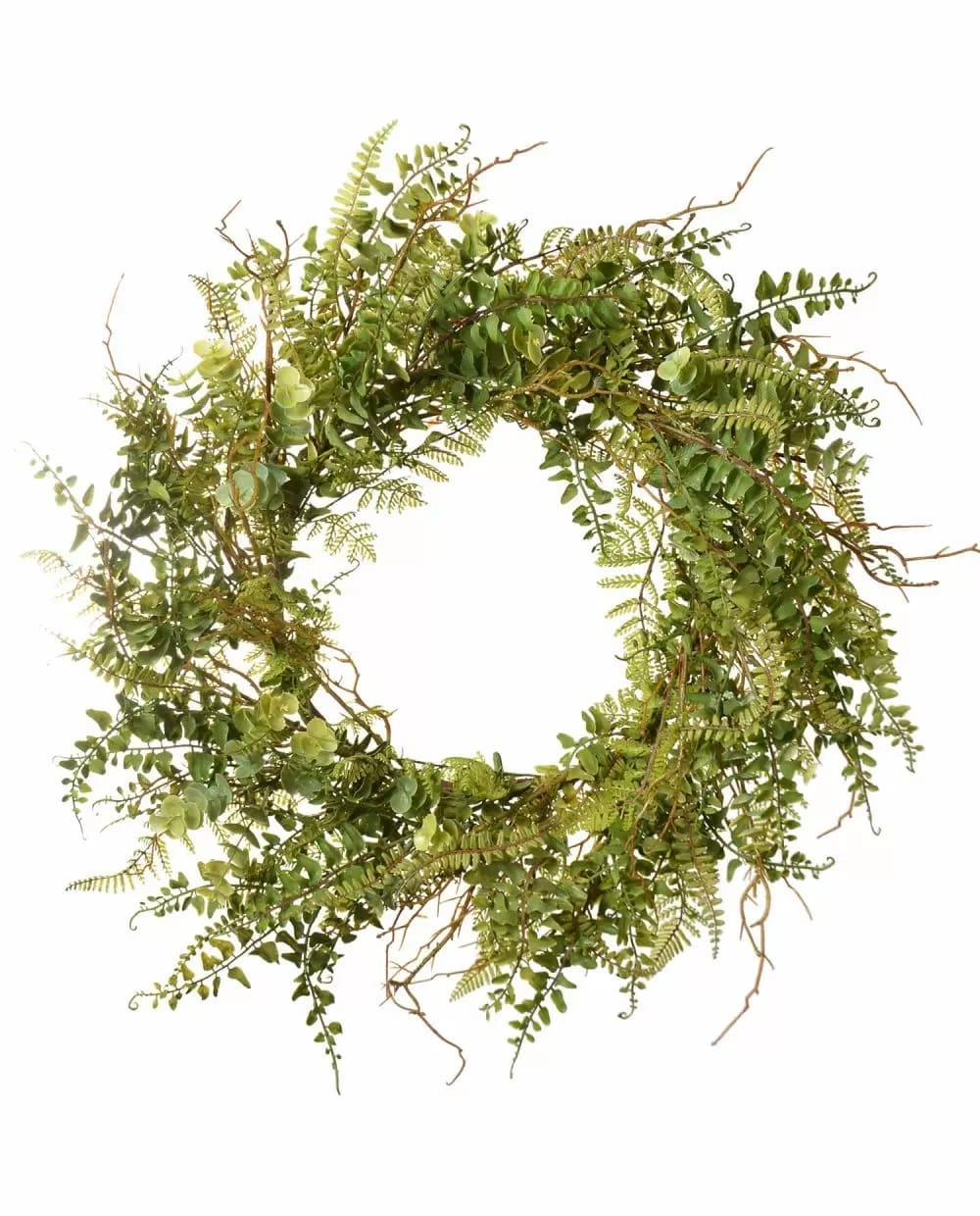 Fern &amp; Eucalyptus Wreath 24"  - As if gathered from a forest path, you'll never guess these ferns and twigs are artificial. Untamed twigs outreach from a bed of eucalyptus and maidenhair and sword fern for a woody feeling.  More Information SKU	PWW2852GR Color	Green Base Material	Wire Botanical Material	Plastic Box	2 Case	12 Item Type	Wreath Length	24" Primary Material	Plastic Min Units	1 Often Used For	Everyday Decor Width	24"