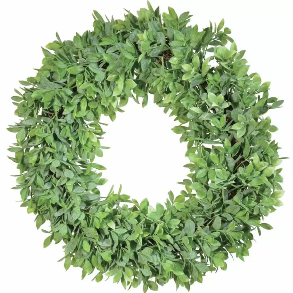 Lemon Leaf Wreath 20"   - Understated yet very full, this wreath is versatile. This artificial lemon leaf is popular for its different green colors making it look real.  More Information SKU	PWW2626GR Color	Green Base Material	Twig Botanical Material	Plastic Box	2 Case	6 Item Type	Wreath Length	20" Primary Material	Plastic Min Units	1 Often Used For	Everyday Decor Width	20"