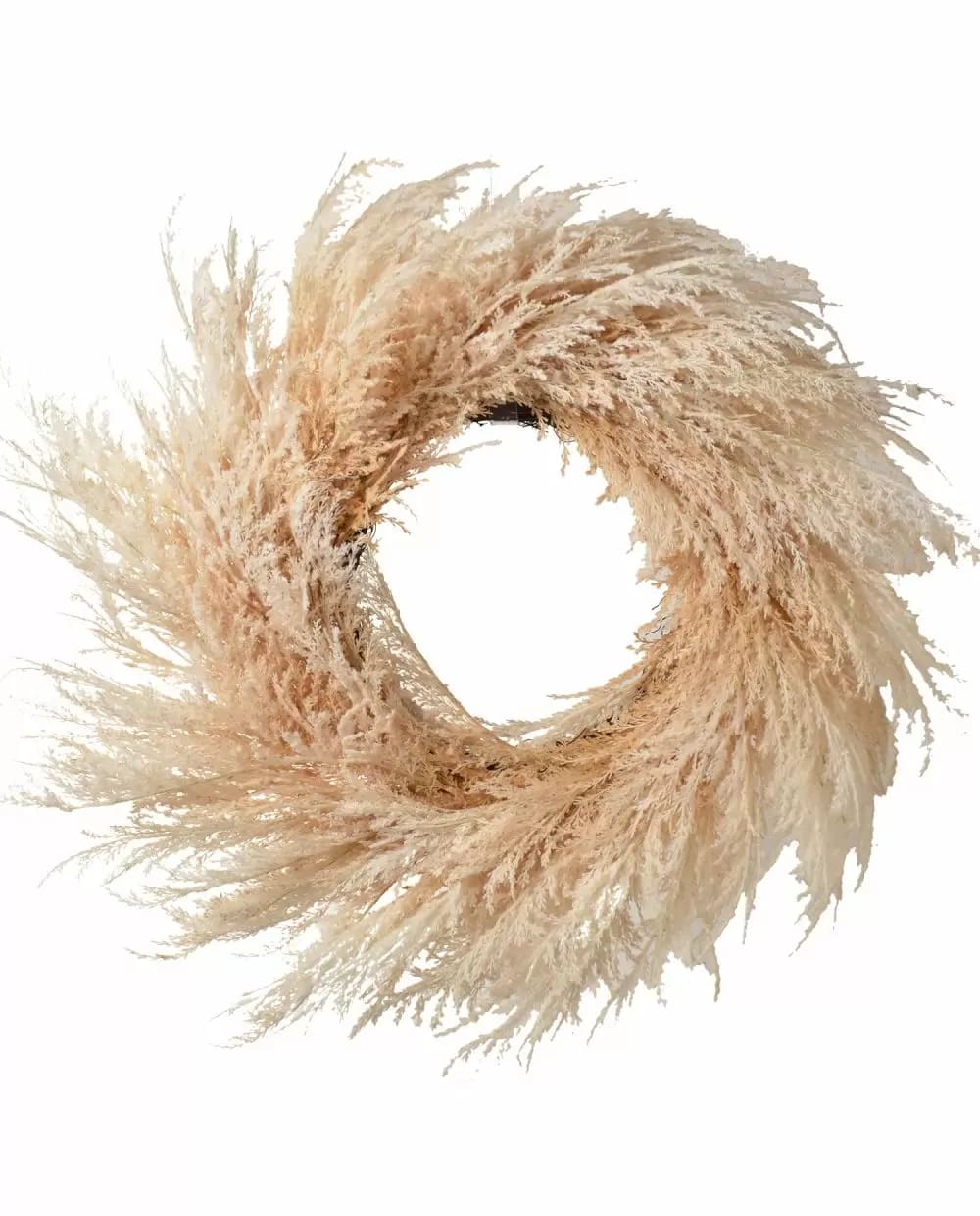 Faux Pampas Grass Wreath 28" - This pampas grass wreath is so lush with branches spiraled on a grapevine base, it will easily be mistaken for the real thing. The fluffy plumes of creamy beige give a fullness that makes this wreath 28" in diameter.  More Information SKU	FWG200BE Color	Beige Base Material	Twig Botanical Material	Fiber Box	1 Case	6 Item Type	Wreath Length	28" Primary Material	Synthetic Fiber Min Units	1 Often Used For	Door Decor Other Info For Web	Twig Base Dia.: 15", Overall Dia.: 28" Width	28" Related Products 