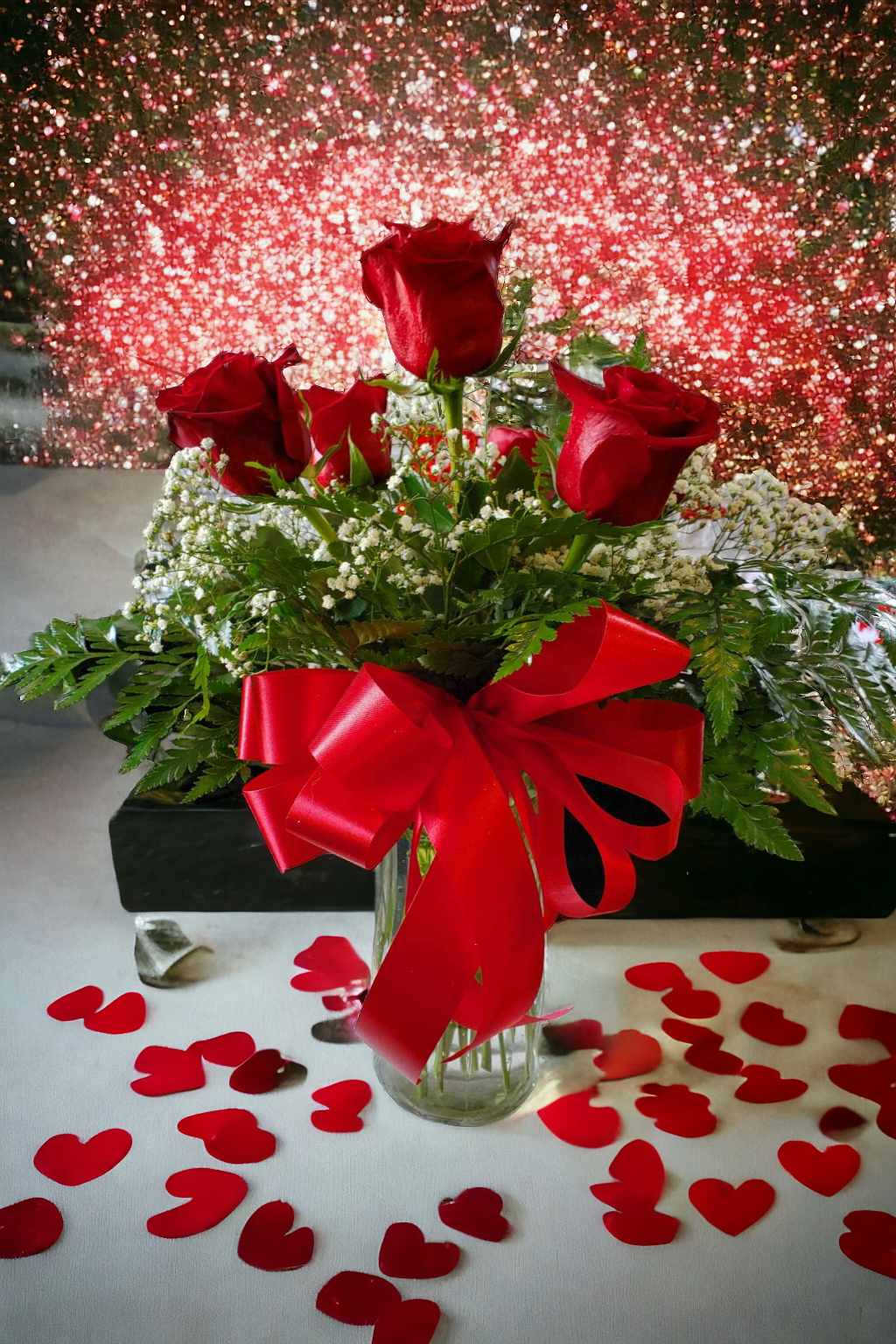 Half Dozen Roses - Looking for roses but not sure about a dozen? Here's the perfect solution, 6 roses in a vase with babies breath and greenery. Perfect way to say I love you!