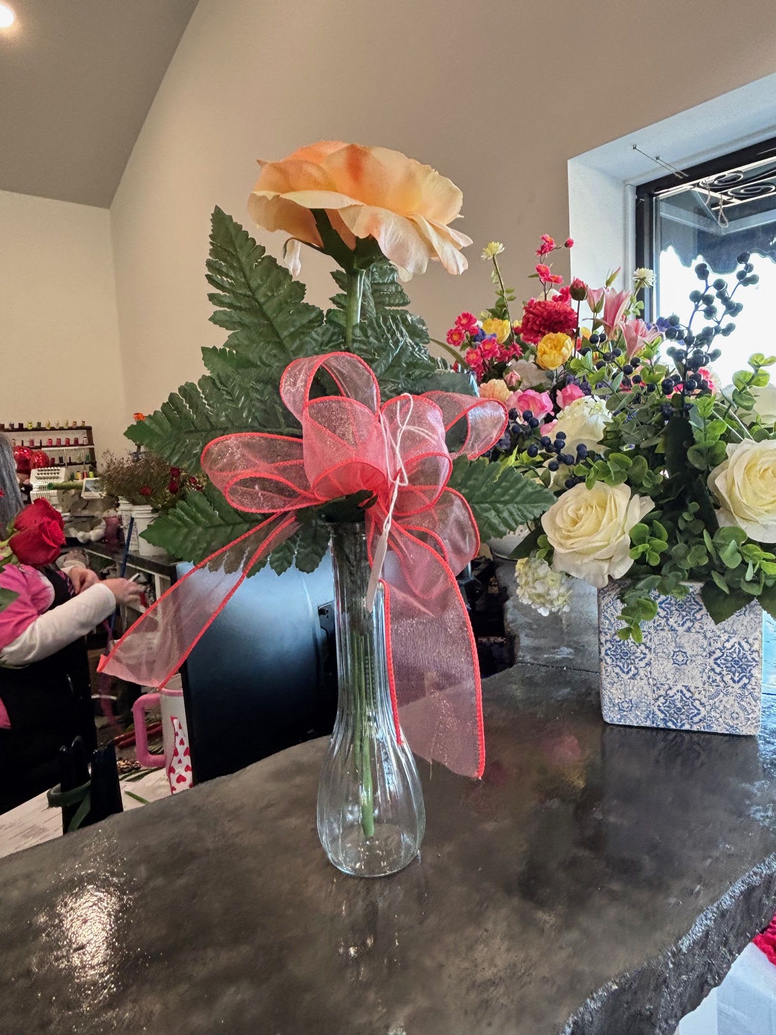 Artificial Peach garden rose Budvase - A soft peach garden rose arranged in a bud vase — a delicate and elegant accent with a warm, romantic glow.