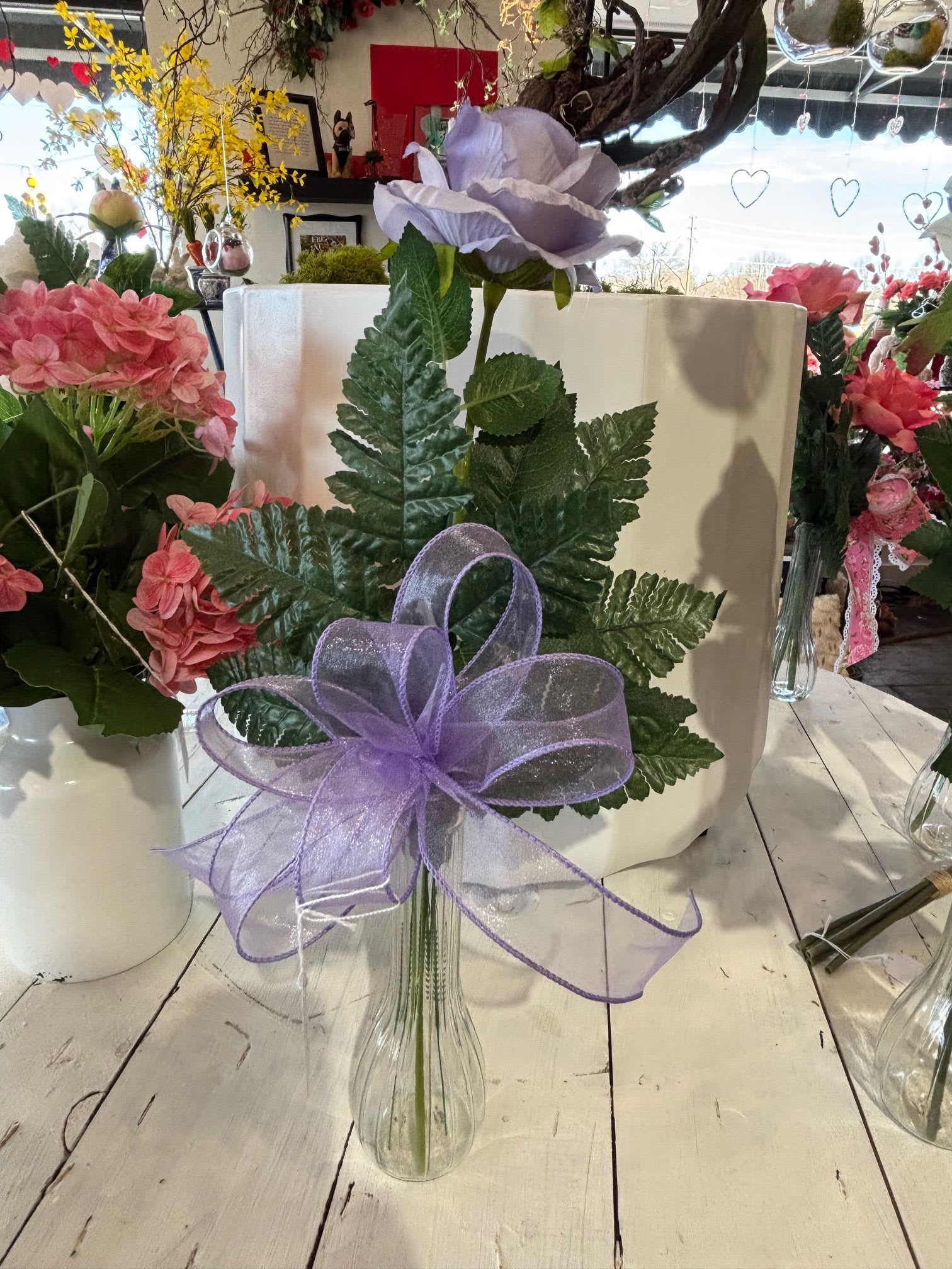 Lavender Artificial Rose Budvase - A lovely lavender garden rose in a simple bud vase, perfect for a sweet and graceful decorative touch.