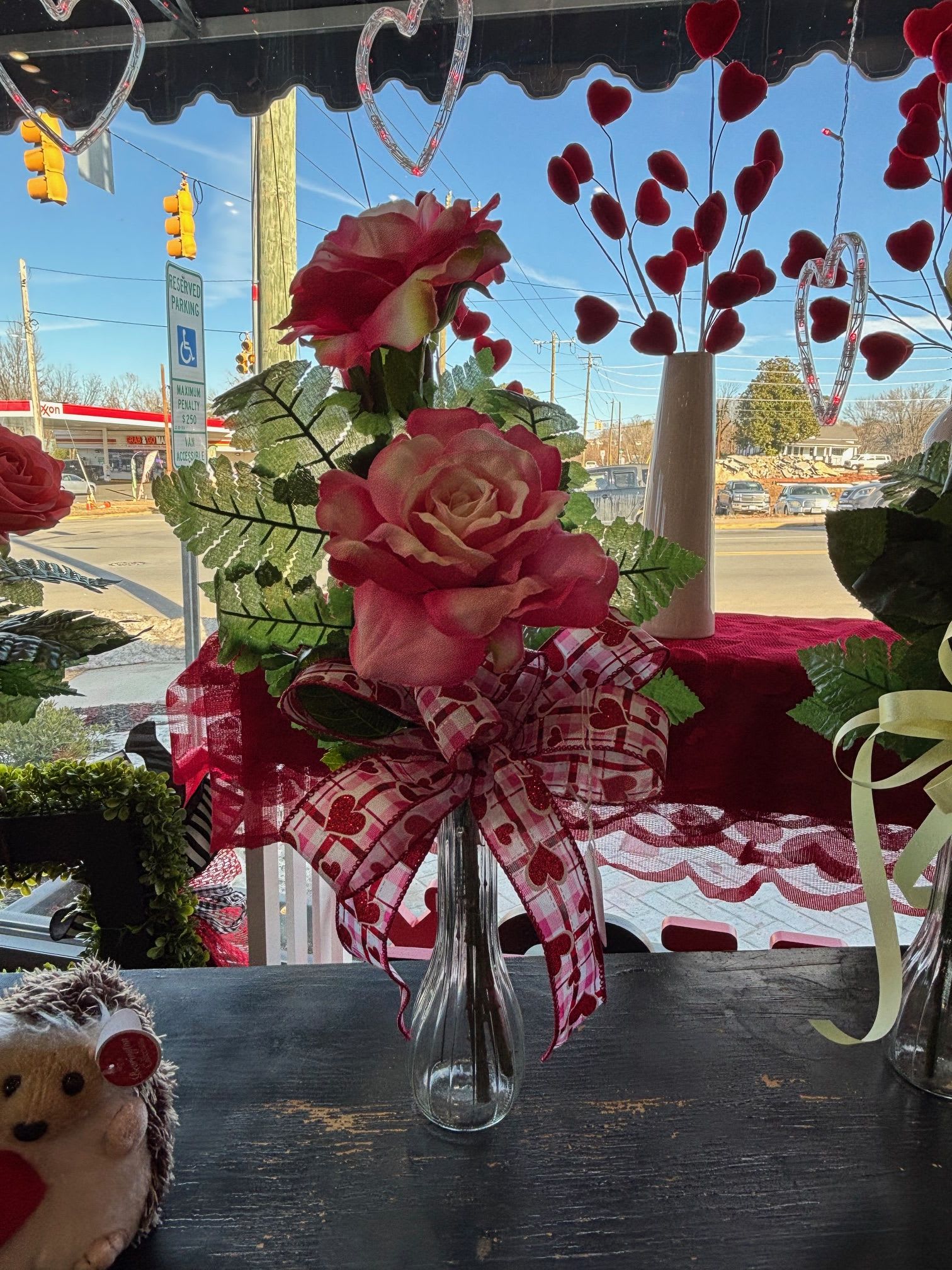 2 artificial pink and cream garden rose budvase - A pair of pink and white artificial roses in a simple bud vase, perfect for a cute and timeless accent