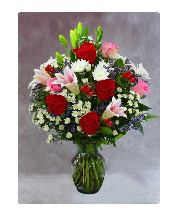 It's a Great Day Bouquet! - Make their day Great, with this beautiful mix of seasonal flowers arranged in a clear glass vase.