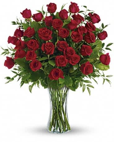 Breathtaking Beauty - 3 Dozen Long Stemmed Roses - One, two, three! Three dozen spectacularly gorgeous red roses delivered in a dazzling flared glass vase - positive proof that love is a many-splendored thing. Imagine her loving this amazing bouquet day after day. Hero-worshipping time. This impressive bouquet includes 36 red roses accented with assorted greenery. Delivered in a flared glass vase.Approximately 31 1/2" W x 32" H