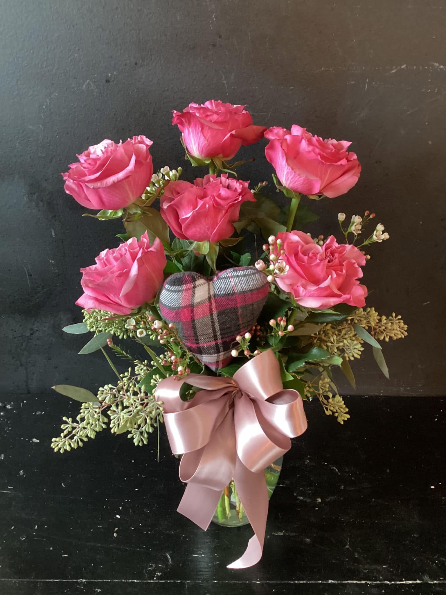 1/2 Red Roses Vased - 1/2 Dozen, Premium, Colored Roses, Vased with lush greens &amp; filler. Only Red available.