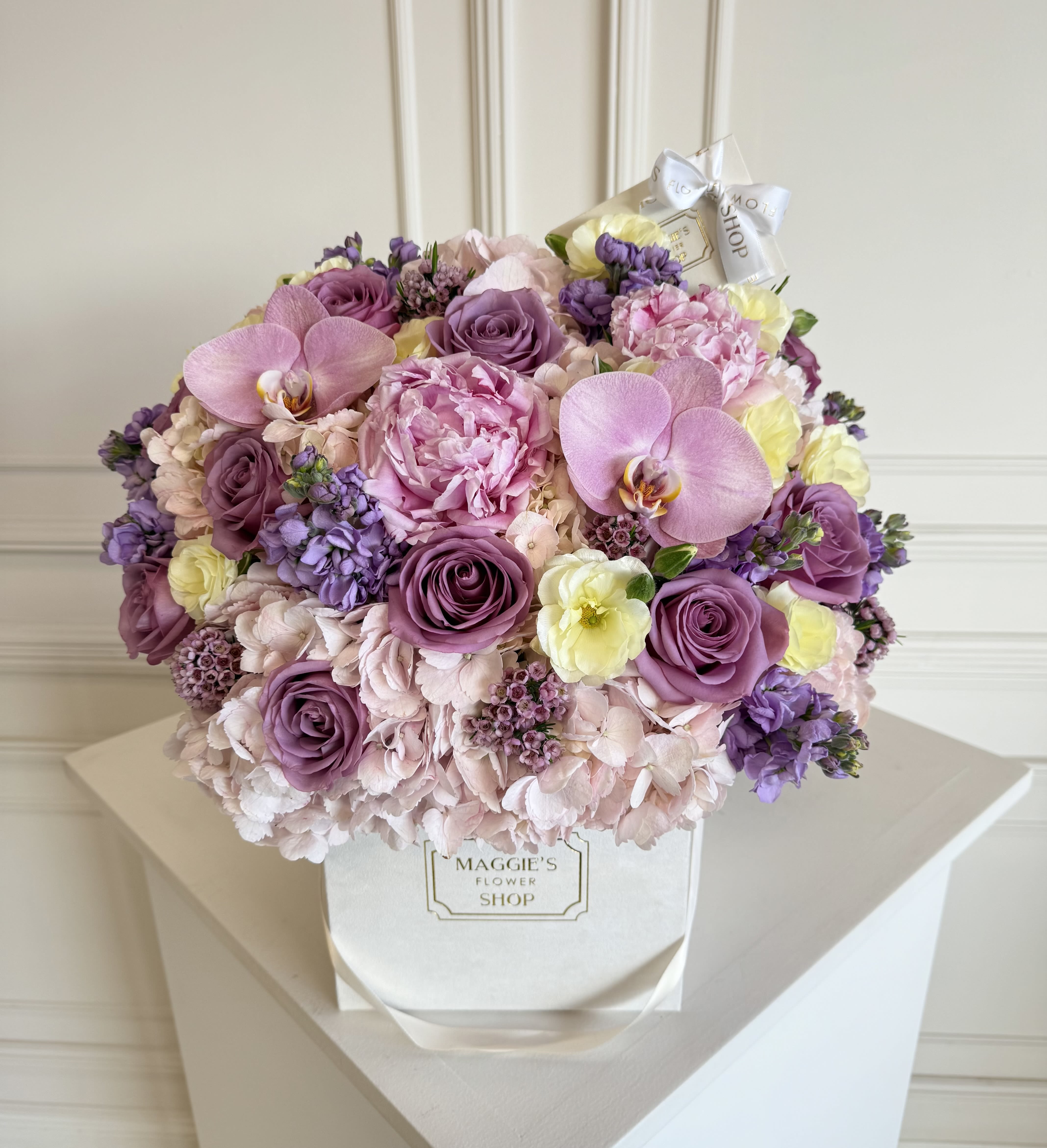 MFS Lavender Spring Box  - MFS signature beige suede box  Roses Peonies Hydrangeas Orchids  #200