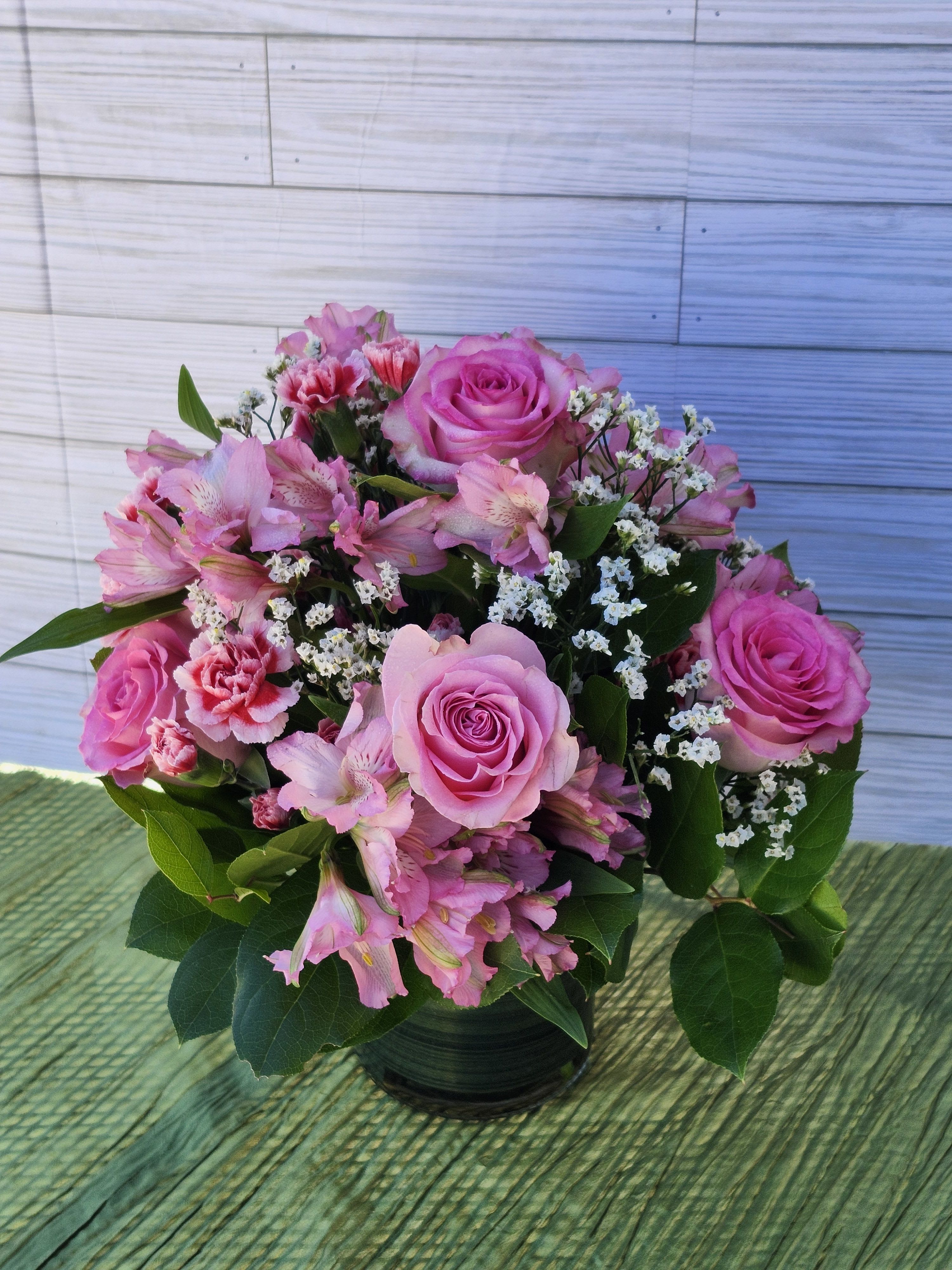 Pink Bloom - Enjoy this beautiful flower arrangement of pink roses, pink carnations,  pink Alstromeria 