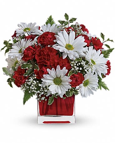 Red and White Delight - Make their day! Send your special someone this charming bouquet arranged in a ruby red glass cube. It's a gift that will surely delight! All Around 11W x 11H