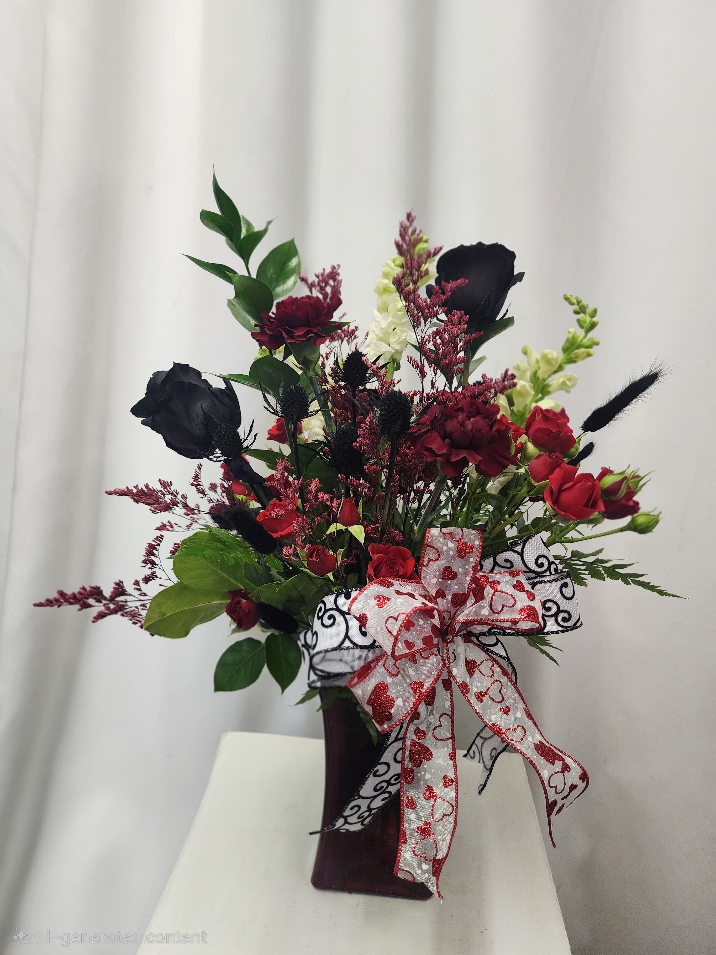 Deep Love - A striking floral arrangement that blends the mystery of black roses with the passionate energy of red spray roses and the elegance of white snapdragons. Whimsical accents add a touch of playful charm, making this bouquet perfect for the flower lover who cherishes the extraordinary and seeks beauty beyond the ordinary. "Deep Love" is a celebration of bold contrasts and unique artistry. Vase and ribbons will be unique to the occasion.