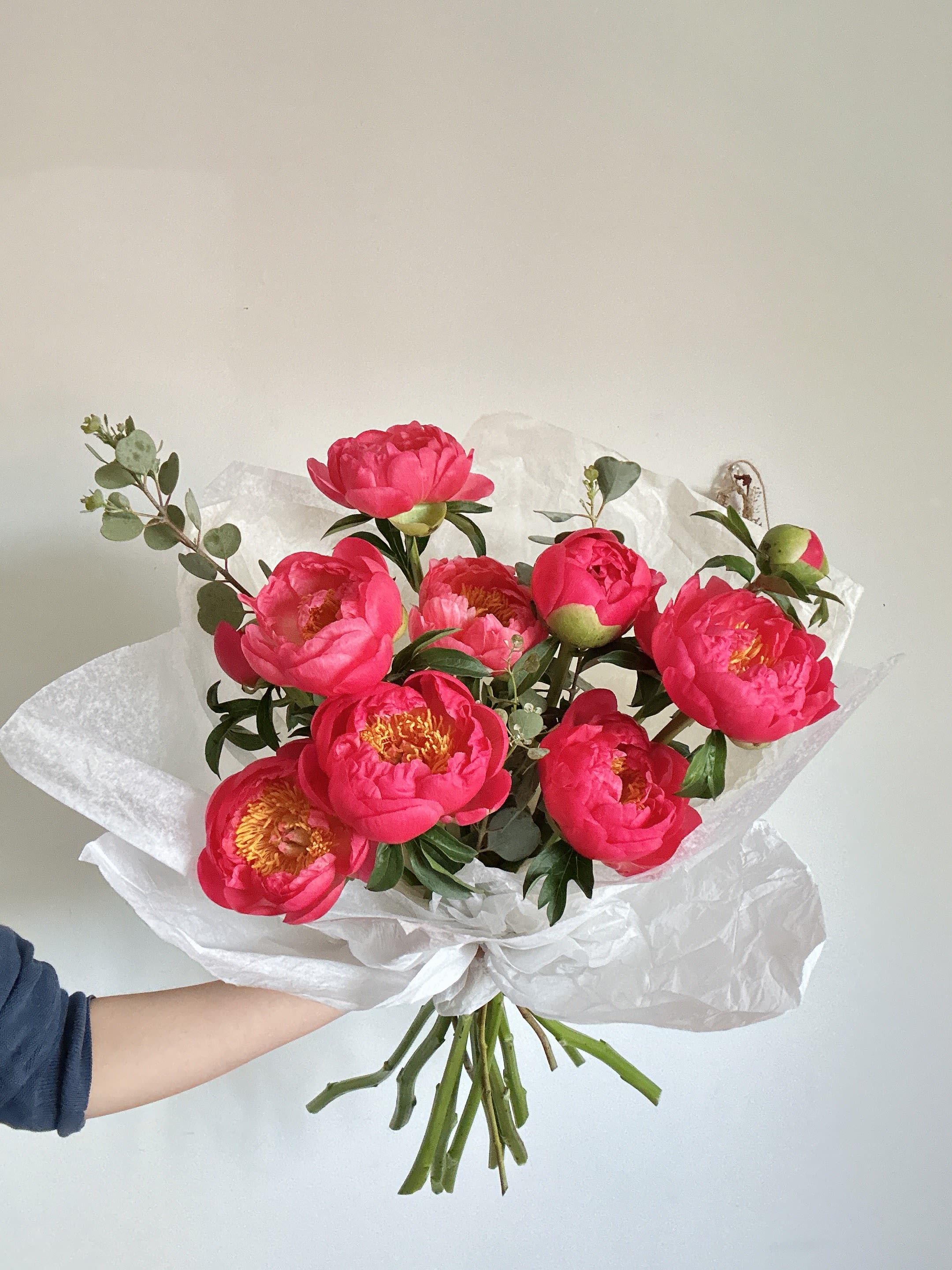 Seasonal- Peonies Bouquet - This bouquet has 10 stems of peonies.  Peonies are perfect in spring and summer season. You can treat yourself or a loved one to a batch of our carefully arranged peonies. Cannot guarantee the same color as the picture shown due to availability from local farm.   Please keep in kind that no arrangement can be made identical to the photos shown (as some flowers are seasonal). Therefore, we will substitute them accordingly with in-season flowers instead. We will do our absolute best to arrange the flowers as similar as possible with the photos shown!   For Bouquets, we DO NOT include vases unless you add one.  For Vased Flowers, we include vases.   We use small ordinary 4in by 3in cards. If you want to send flowers with a special messaging card, please choose one from add-ons!  Delivery: our standard delivery time window is between 3:00pm and 5:00pm.   If you have any questions regarding the order, please feel free to contact us!   Email: agapeflower.studio25@gmail.com  